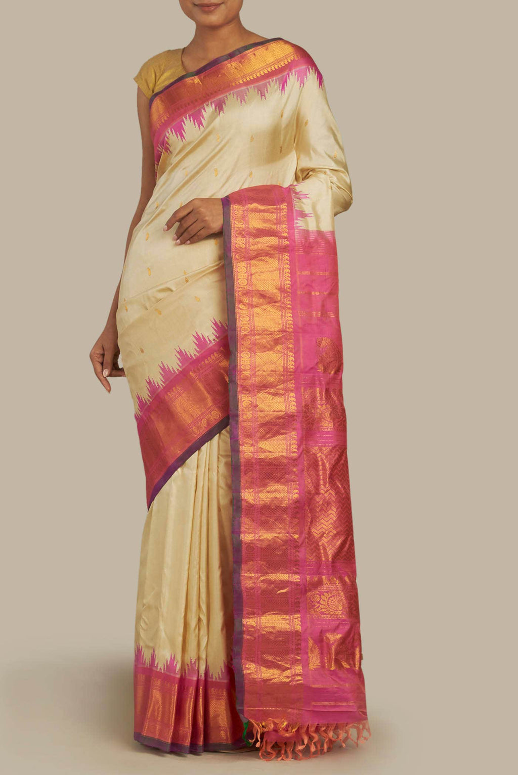 Cream Gadwal Silk Saree