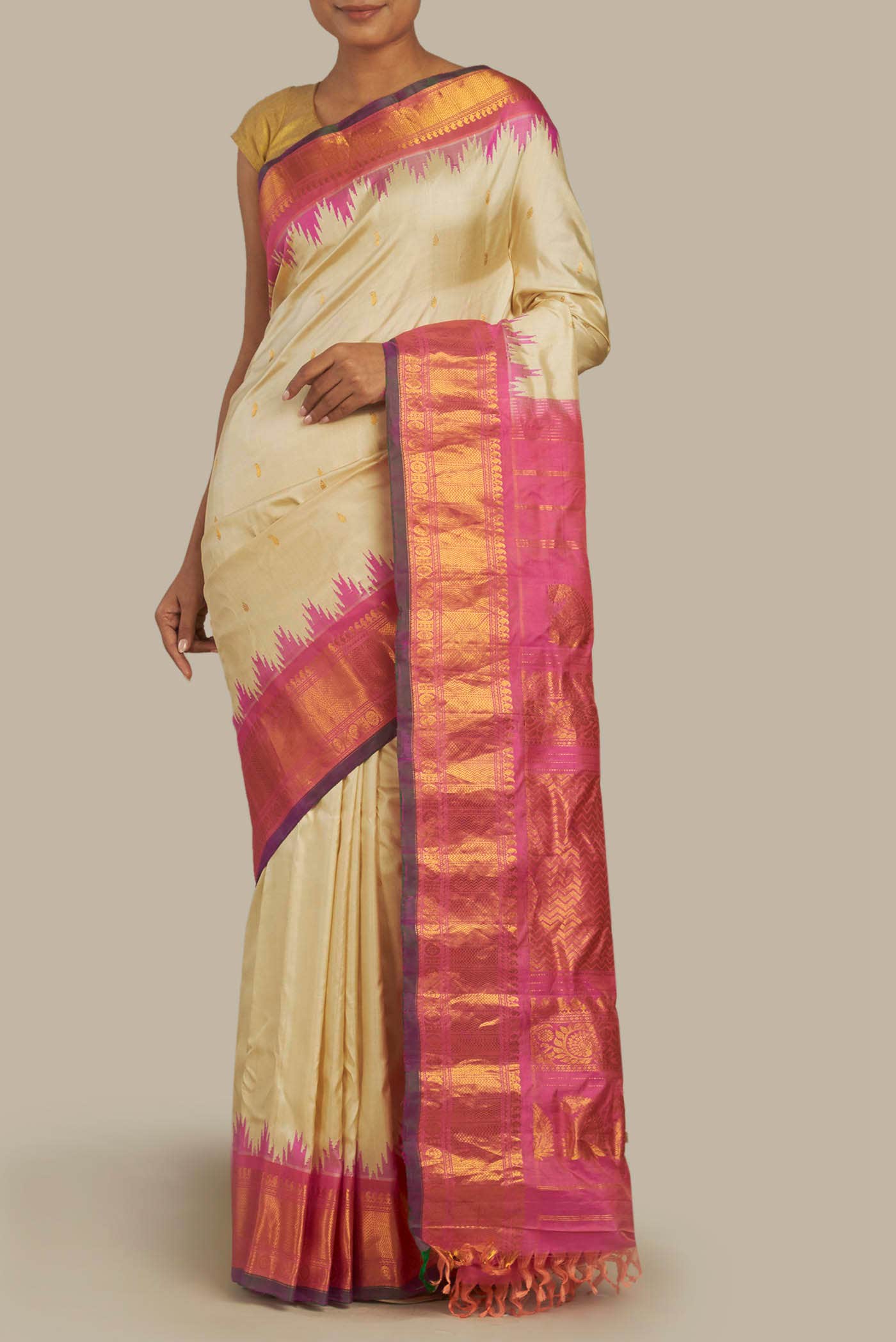 Cream Gadwal Silk Saree