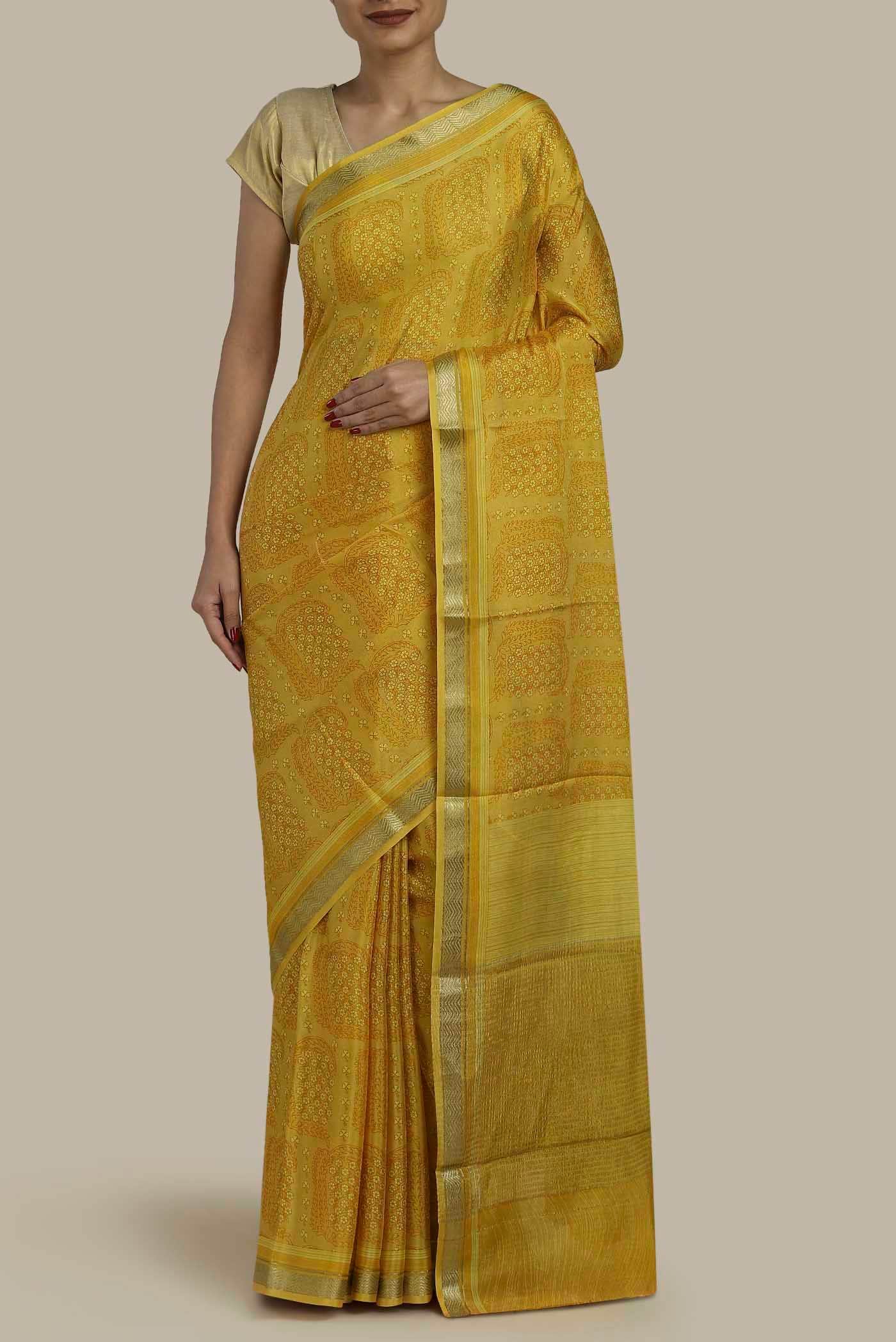 Yellow Mysore Crepe Saree