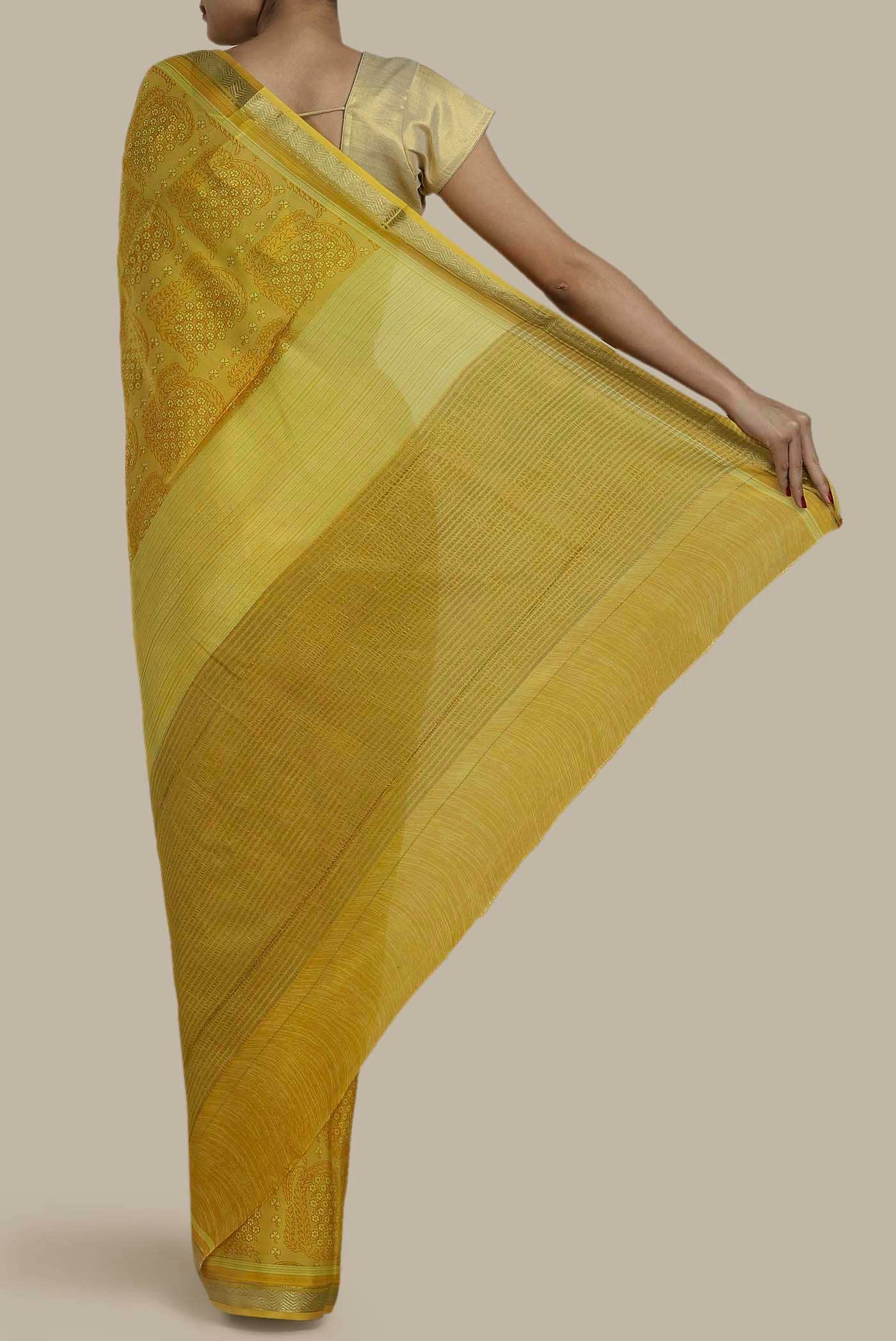 Yellow Mysore Crepe Saree