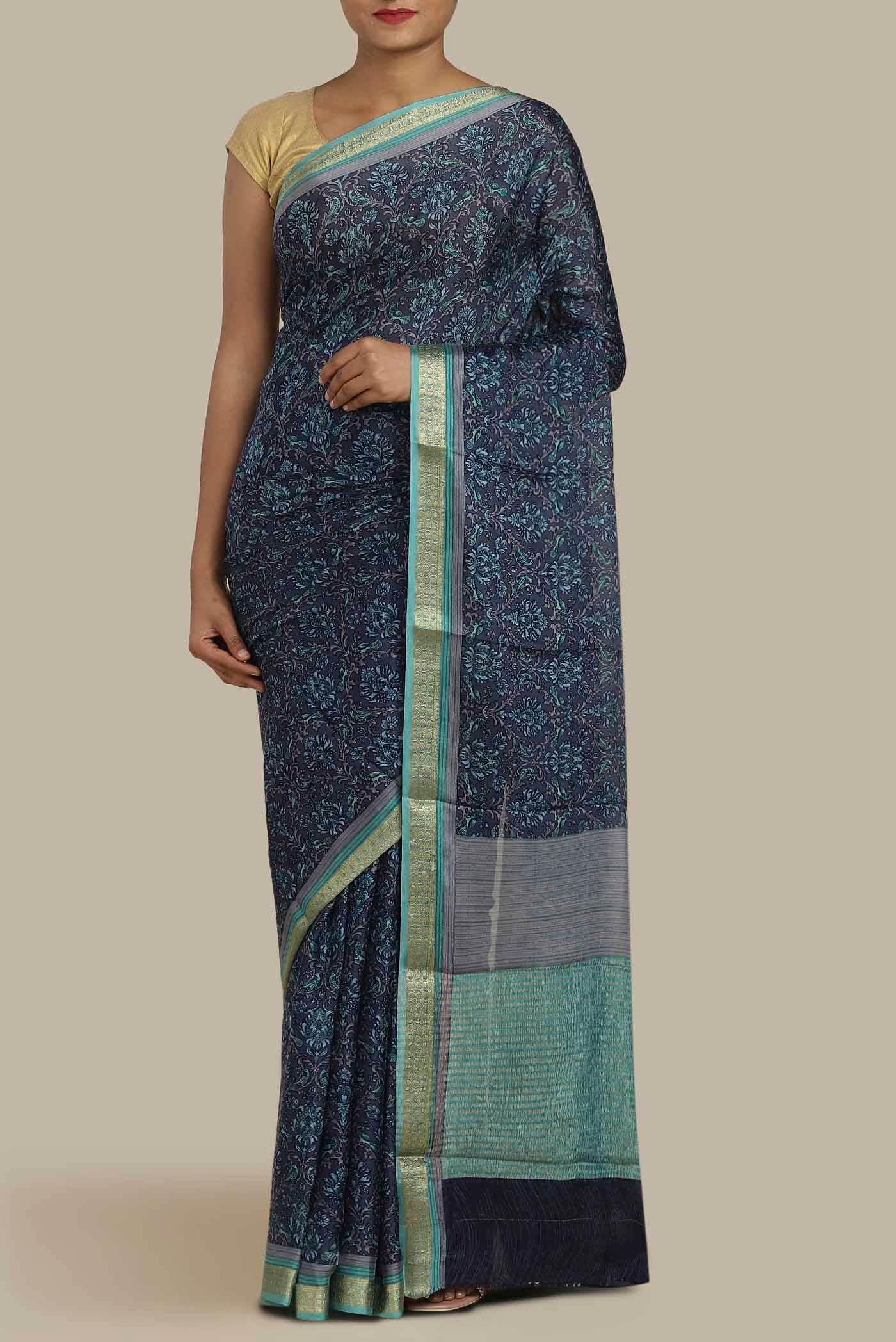Navy Blue Mysore Crepe Saree