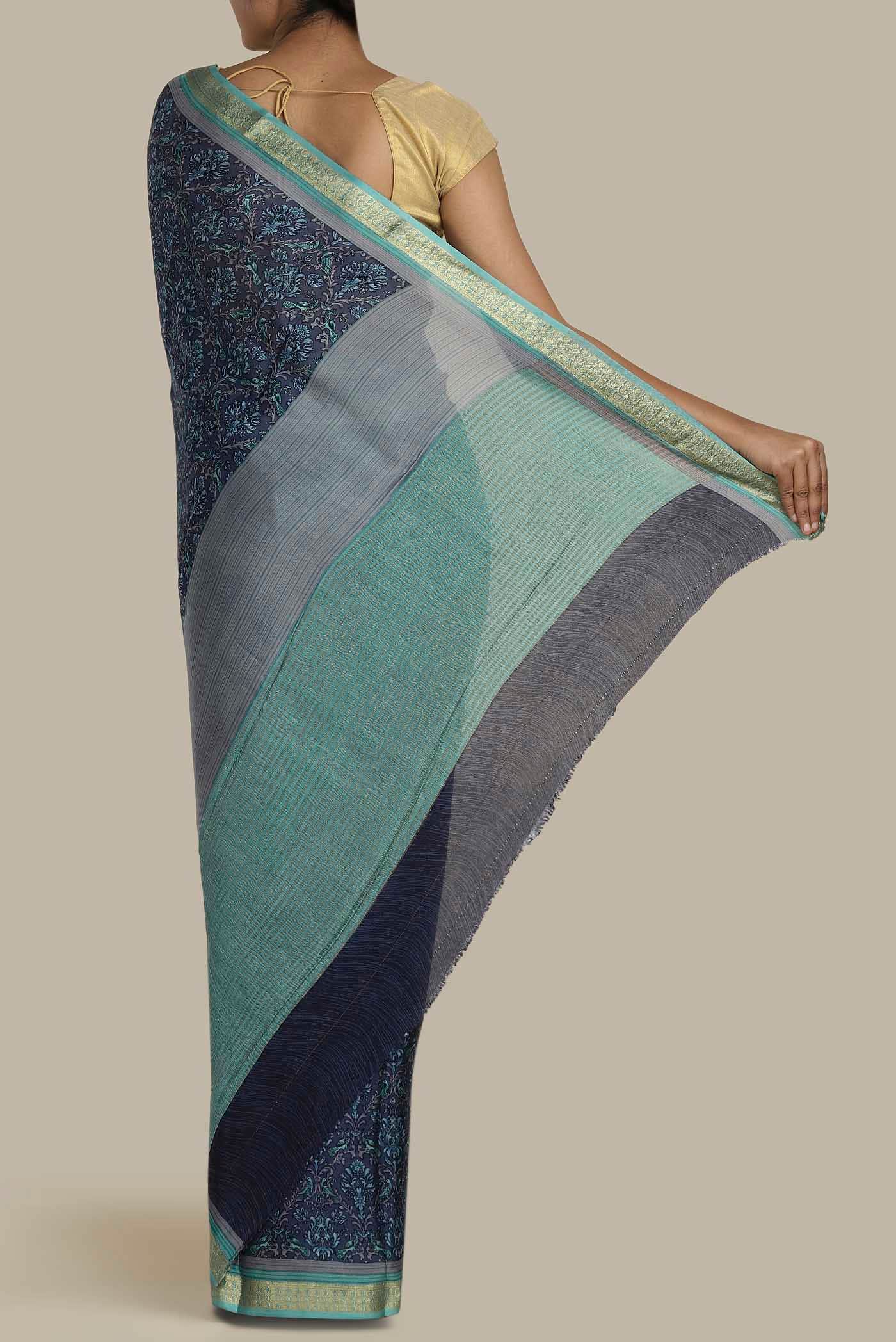 Navy Blue Mysore Crepe Saree