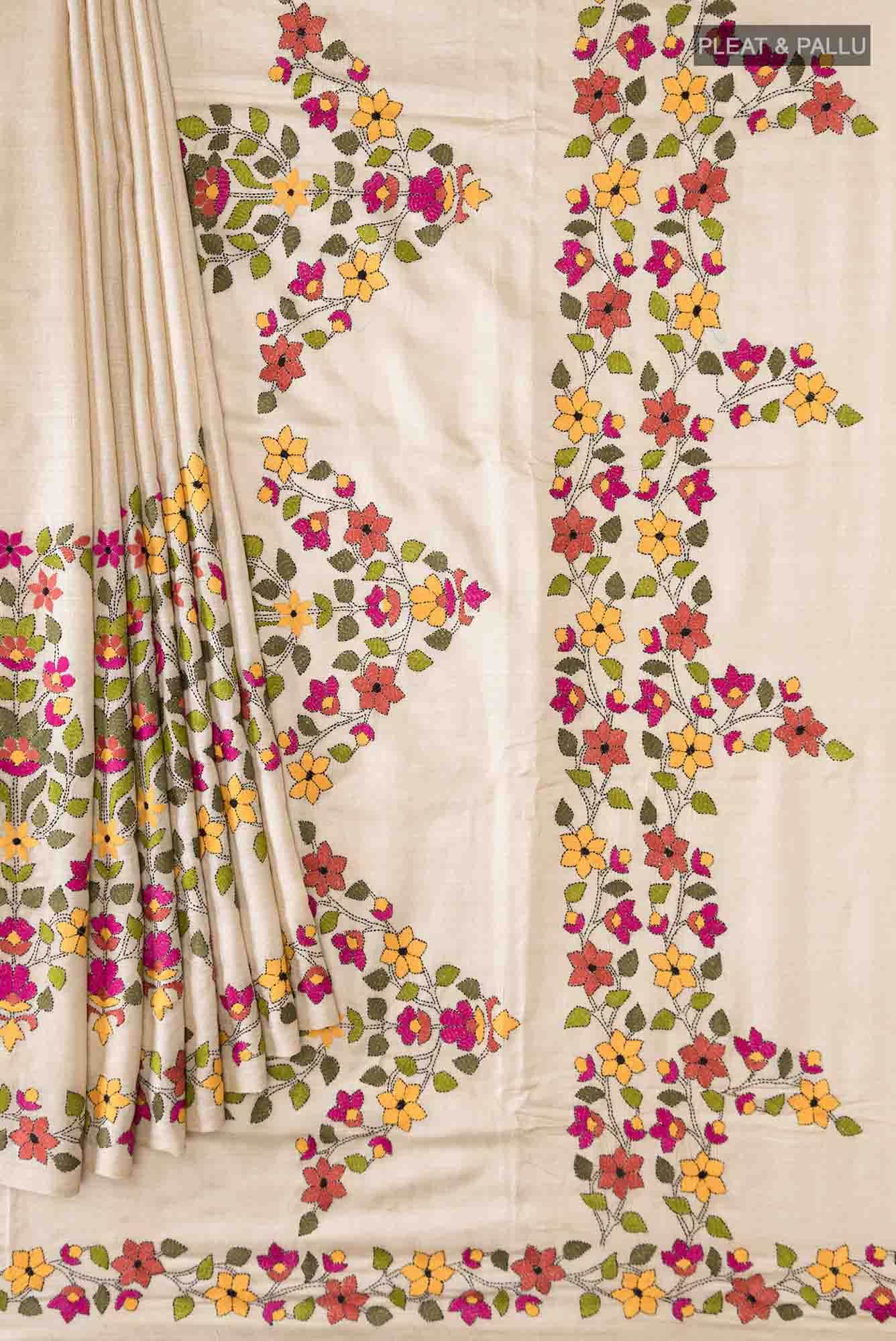 Beige Tussar Silk Saree