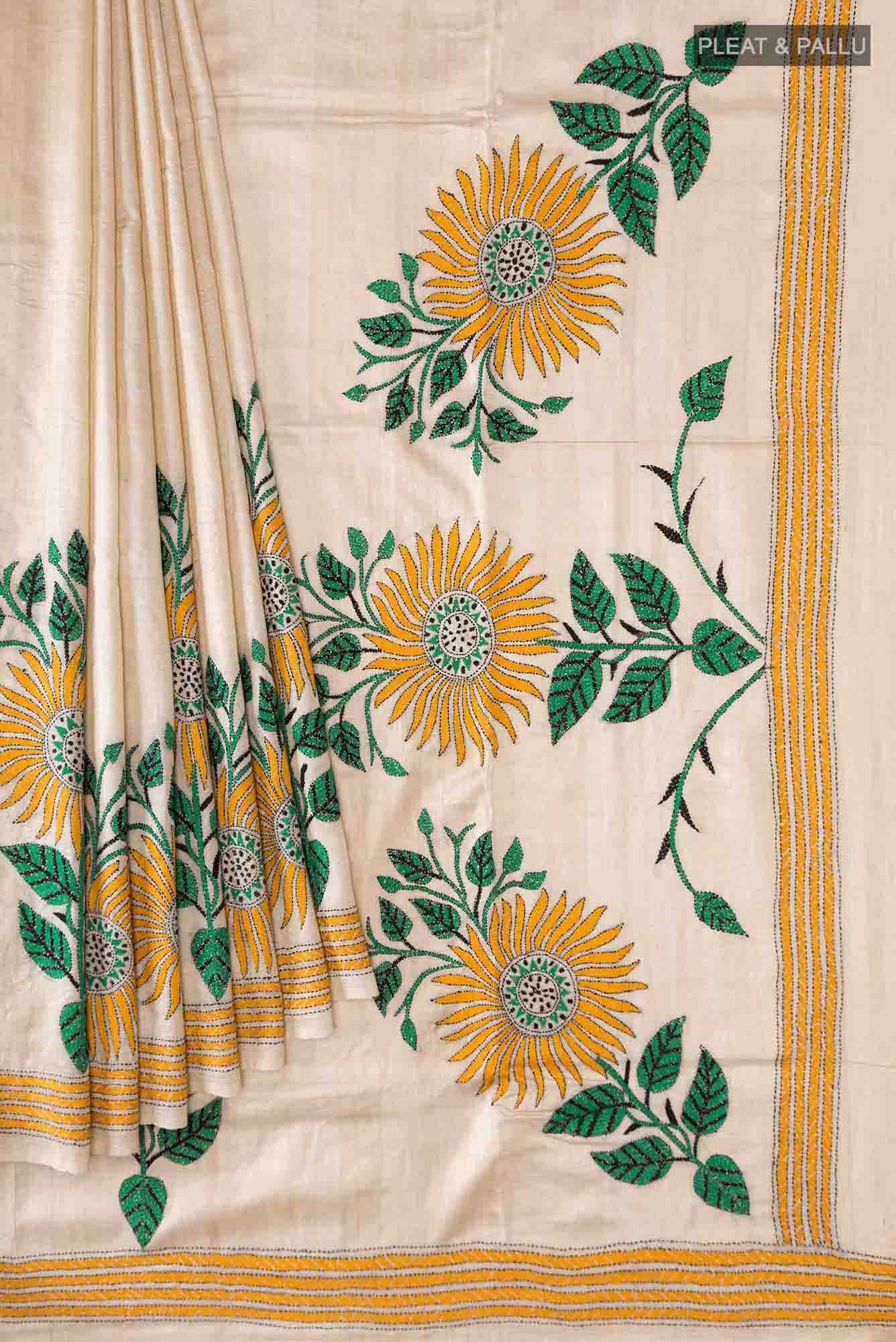 Beige Tussar Silk Saree
