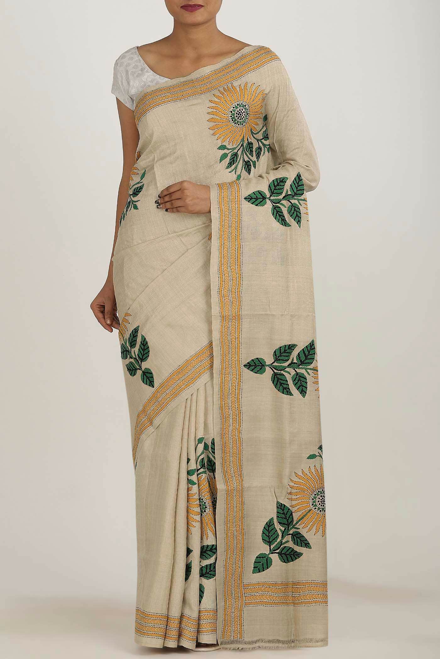 Beige Tussar Silk Saree