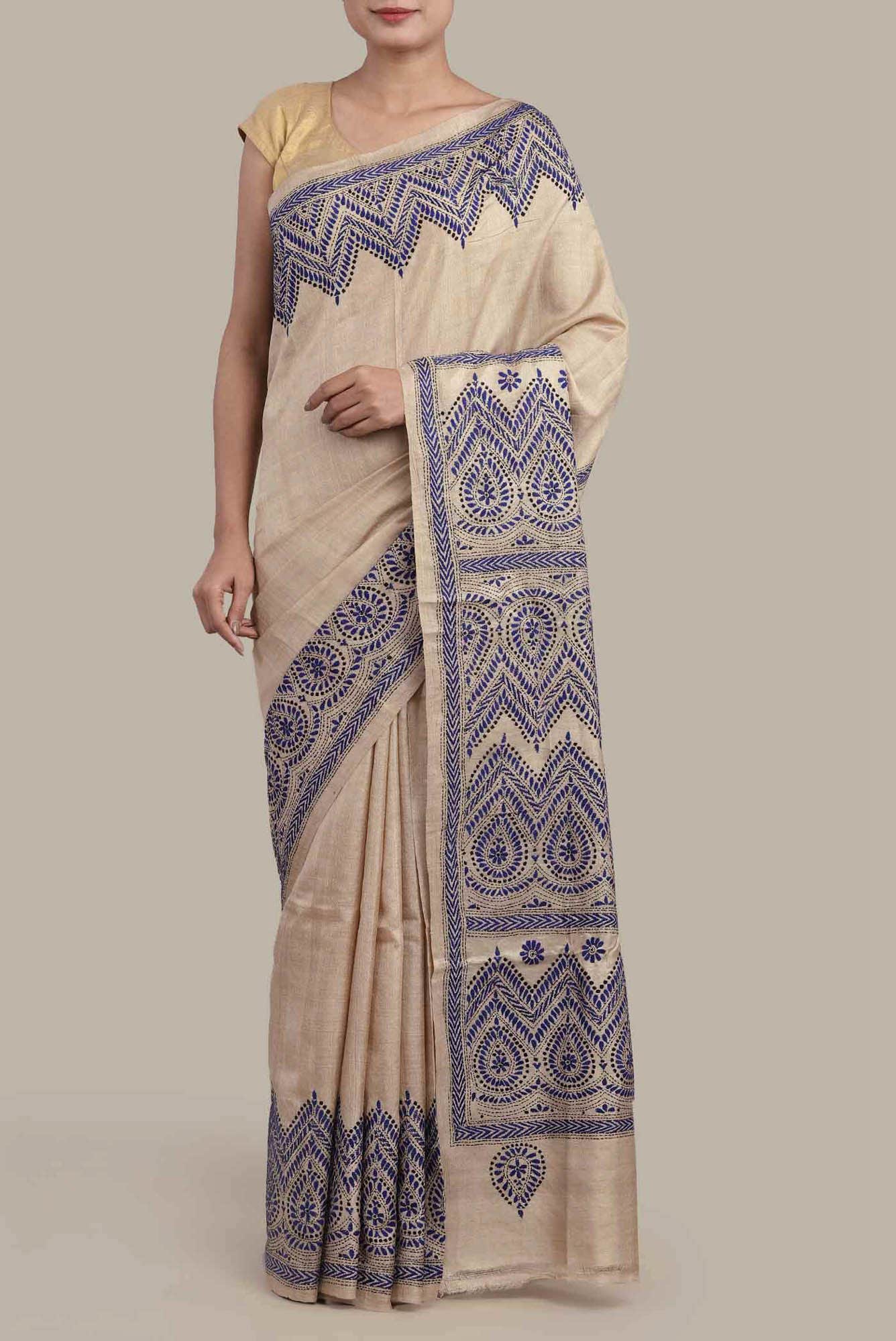 Beige Bhagalpuri Tussar Silk Saree