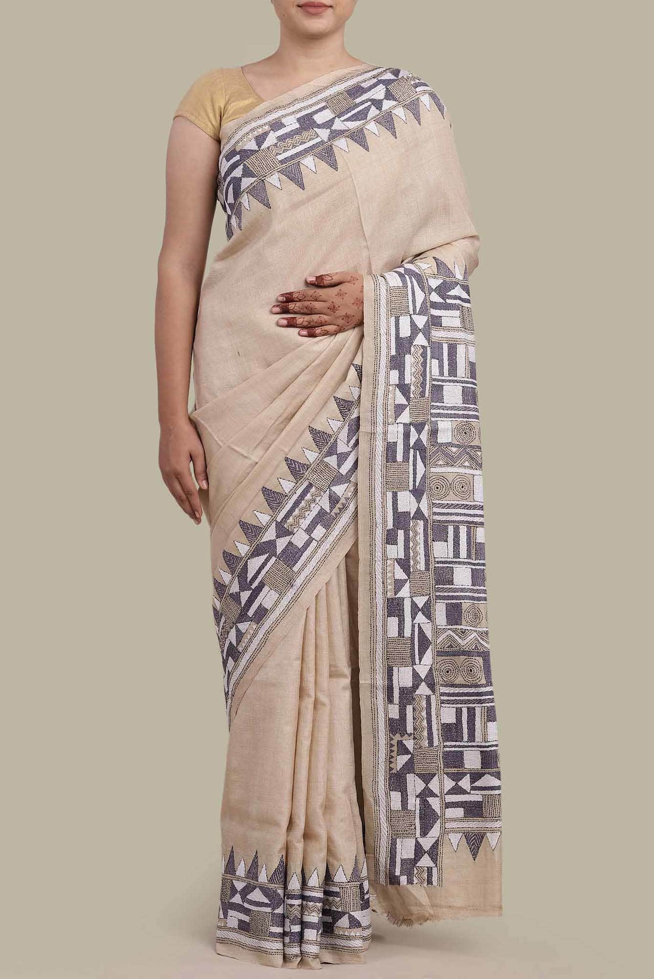 Beige Bhagalpuri Tussar Silk Saree