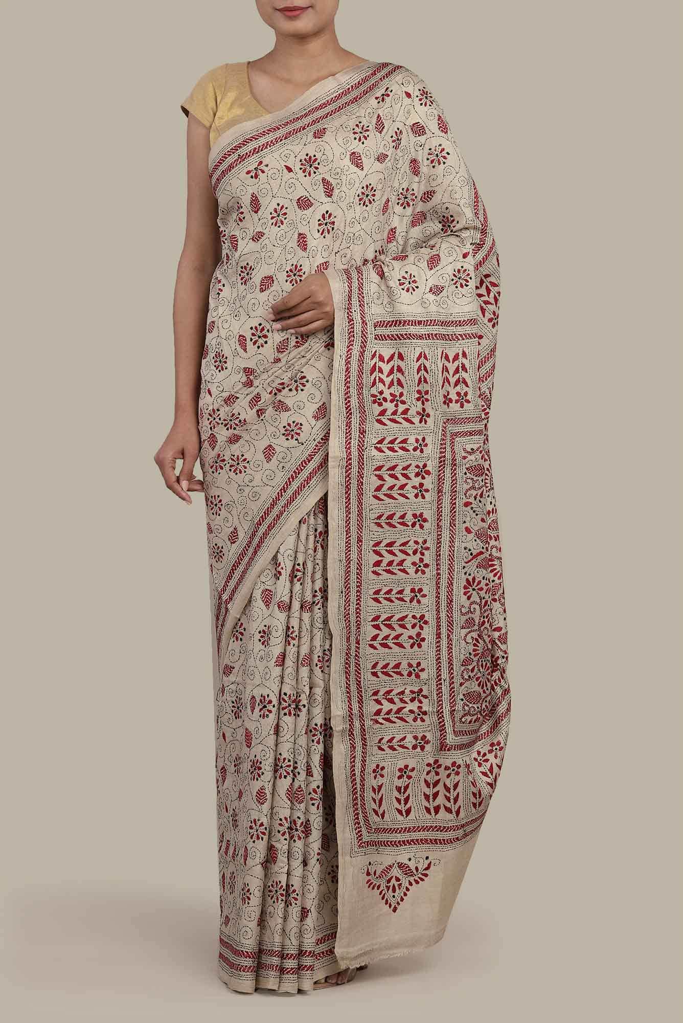 Beige Tussar Silk Saree