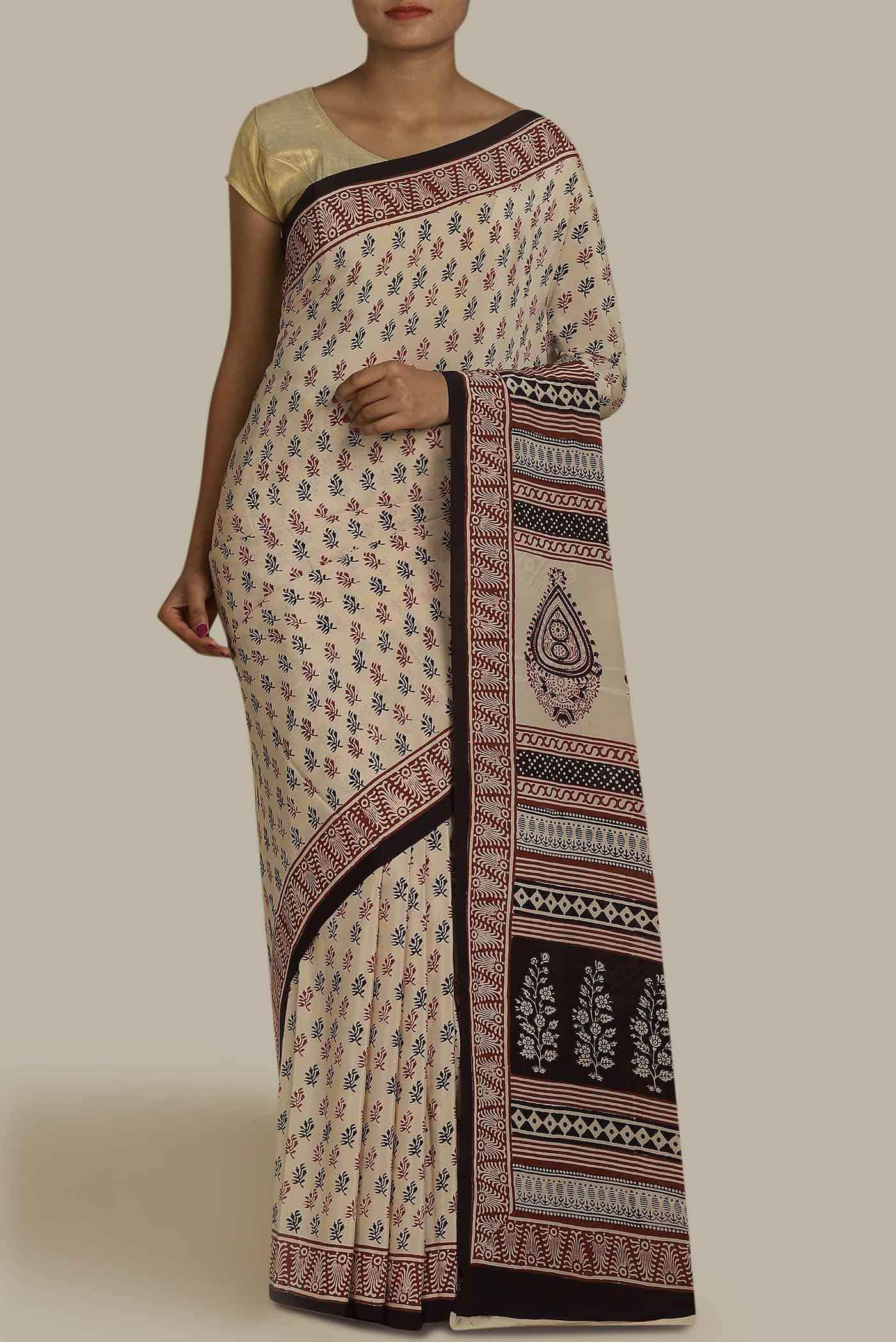 Beige Mysore Crepe Saree