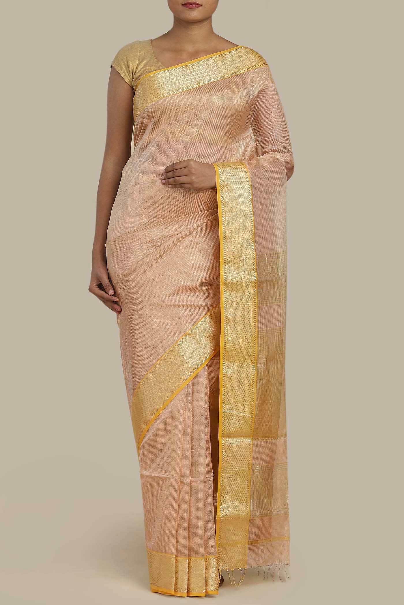 Peach Maheshwari Silk Cotton Saree