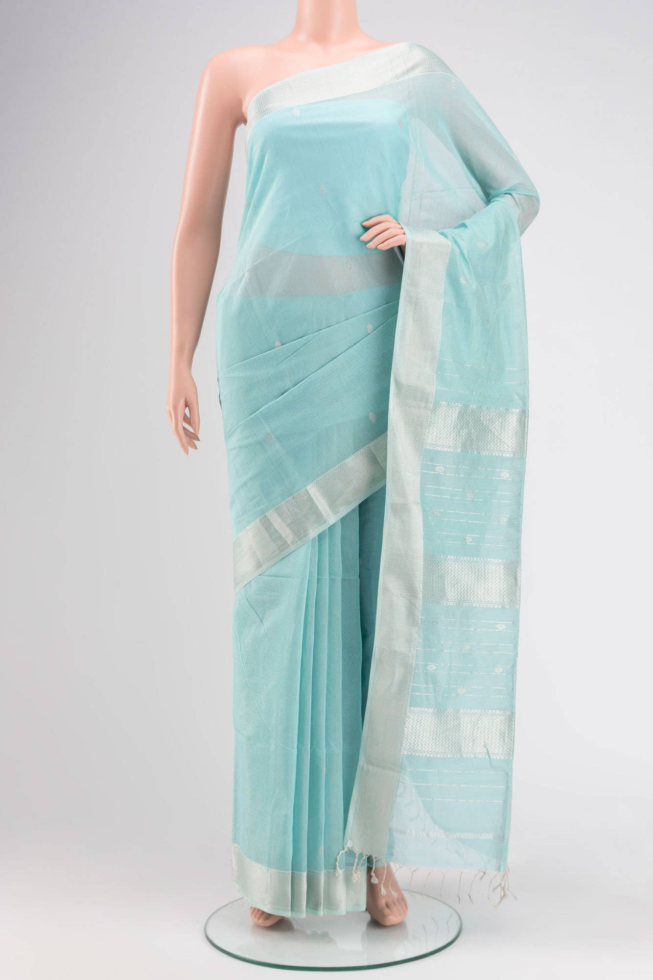Light Blue Maheshwari Tissue Silk Cotton Saree