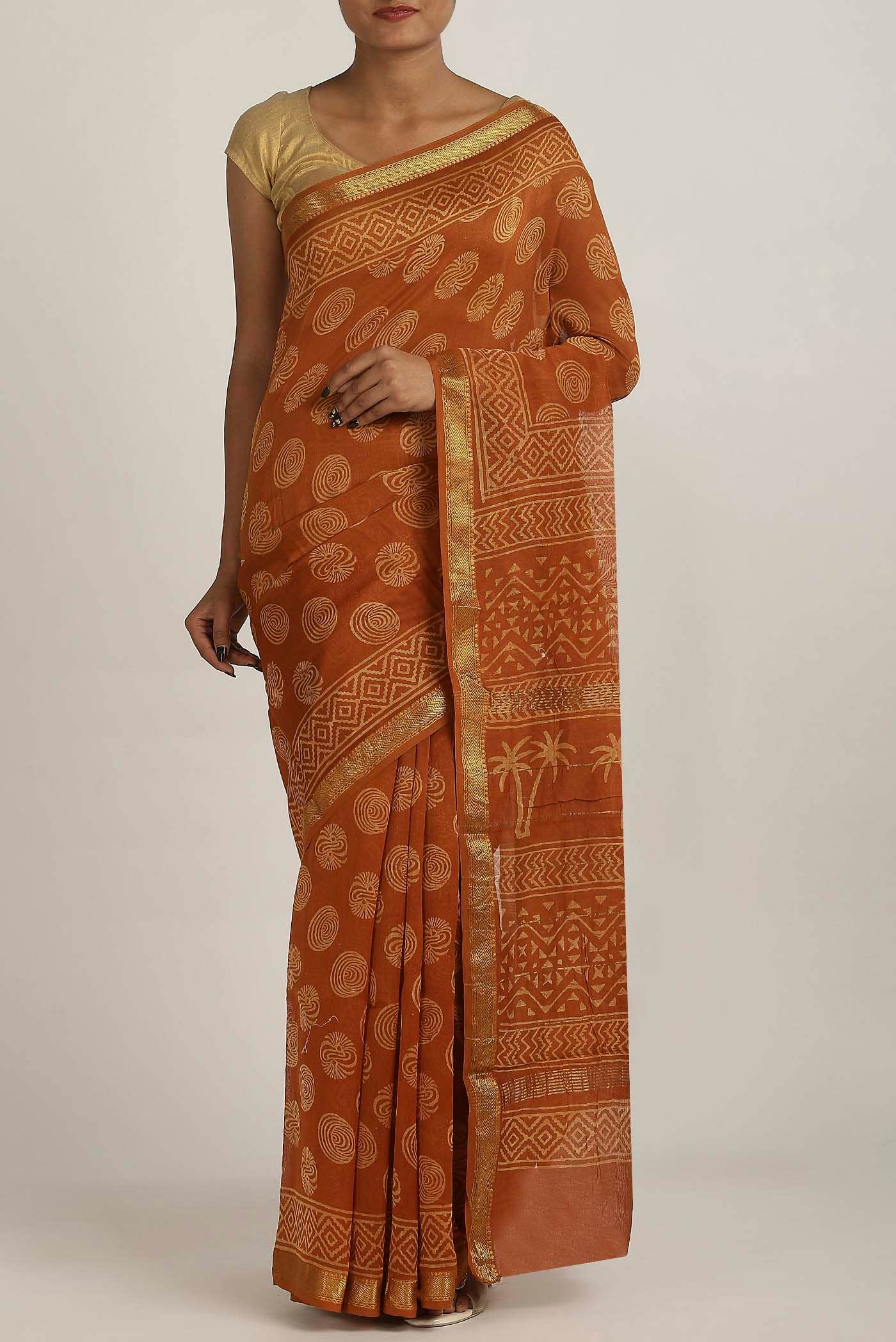 Rust Maheshwari Silk Cotton Saree