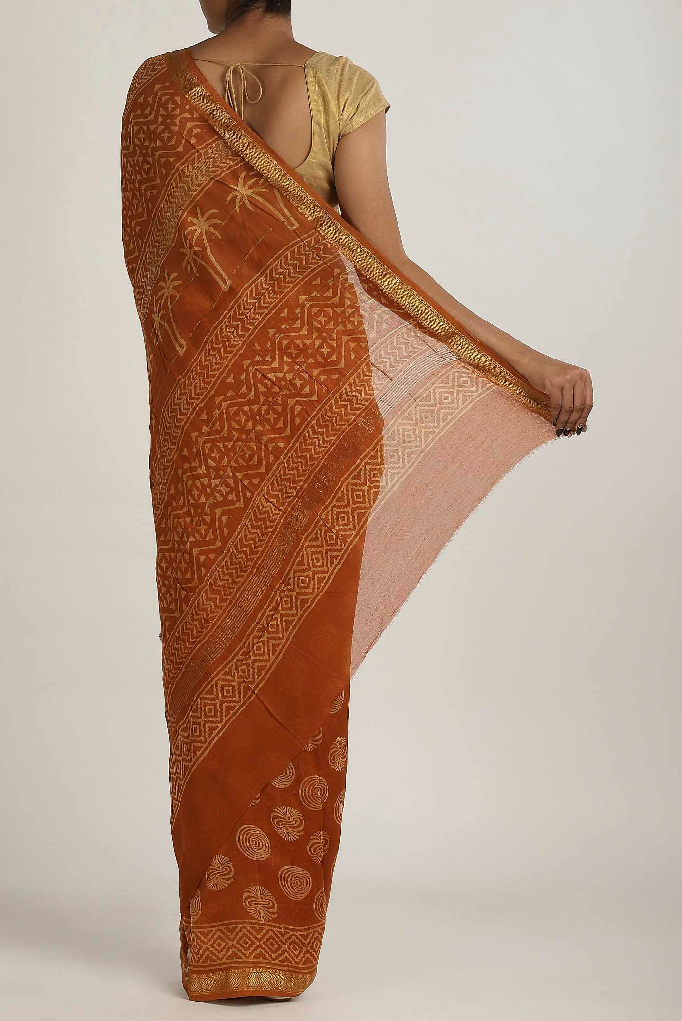 Rust Maheshwari Silk Cotton Saree