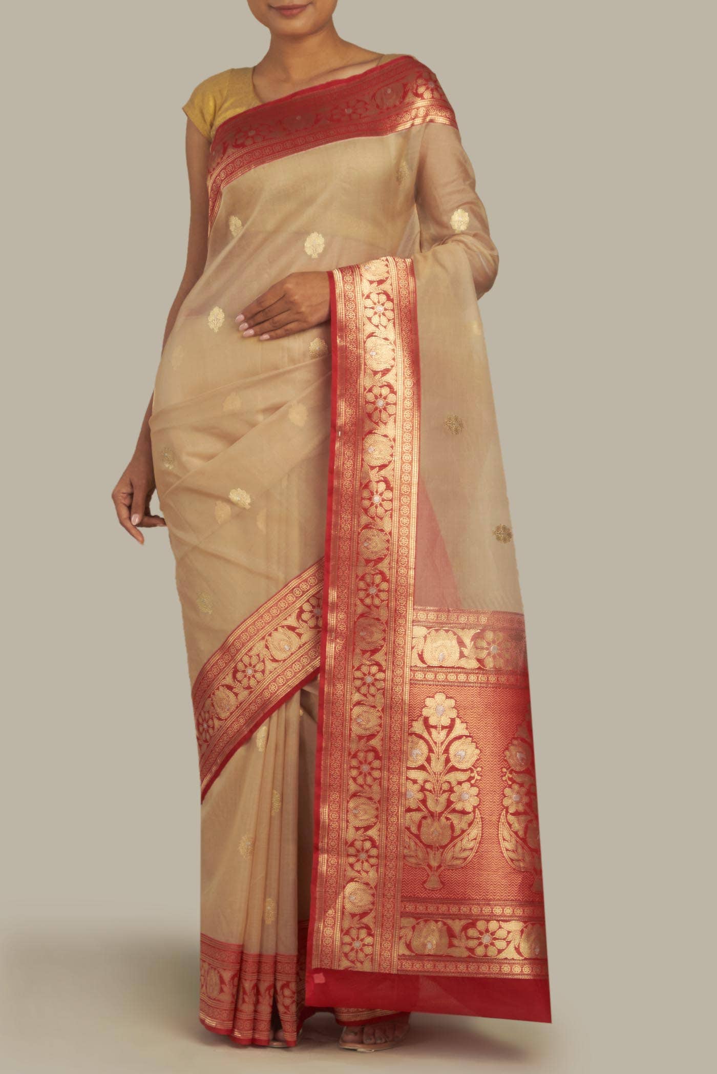 Beige Banarasi Kora Silk Saree
