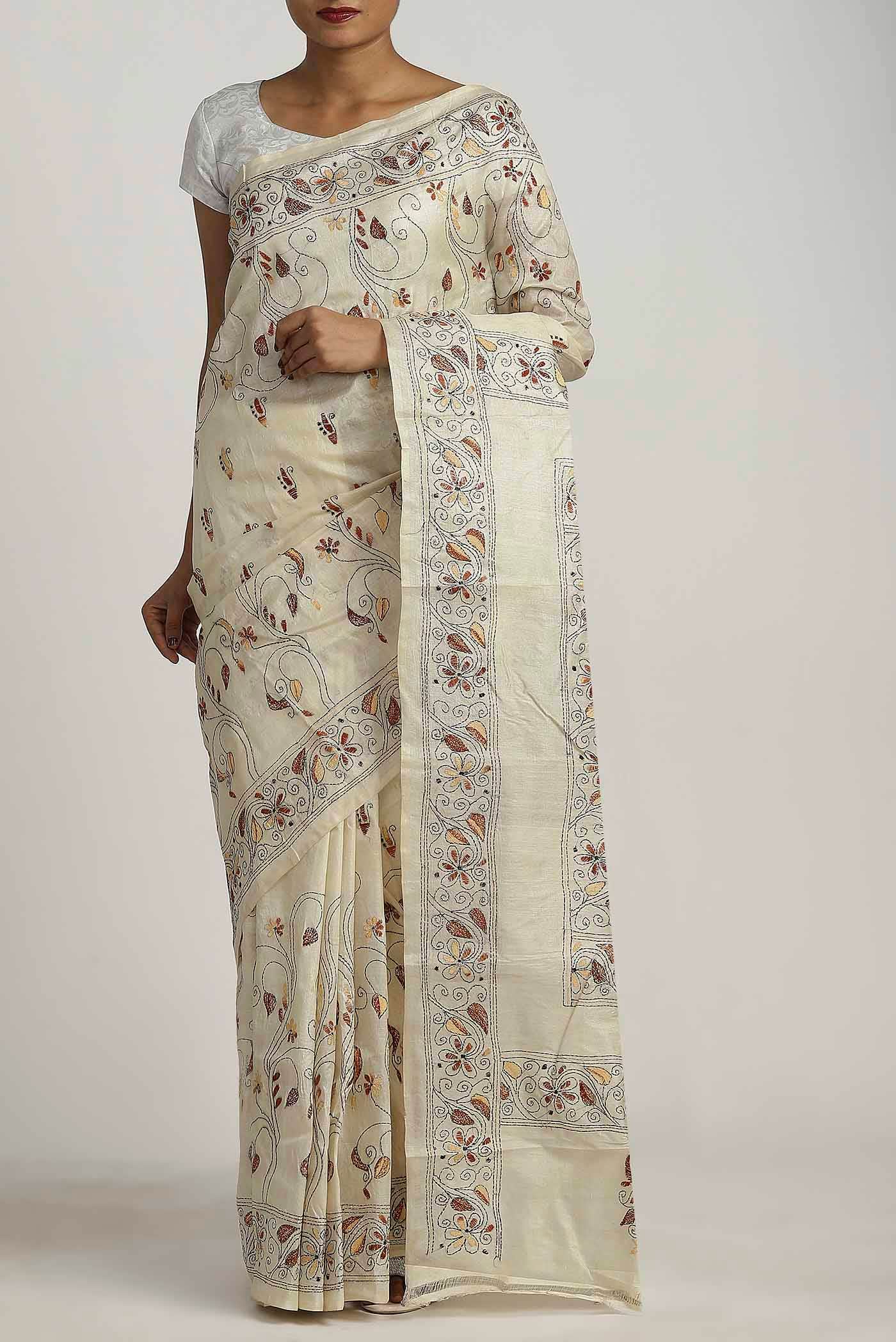 Cream Tussar Silk Saree