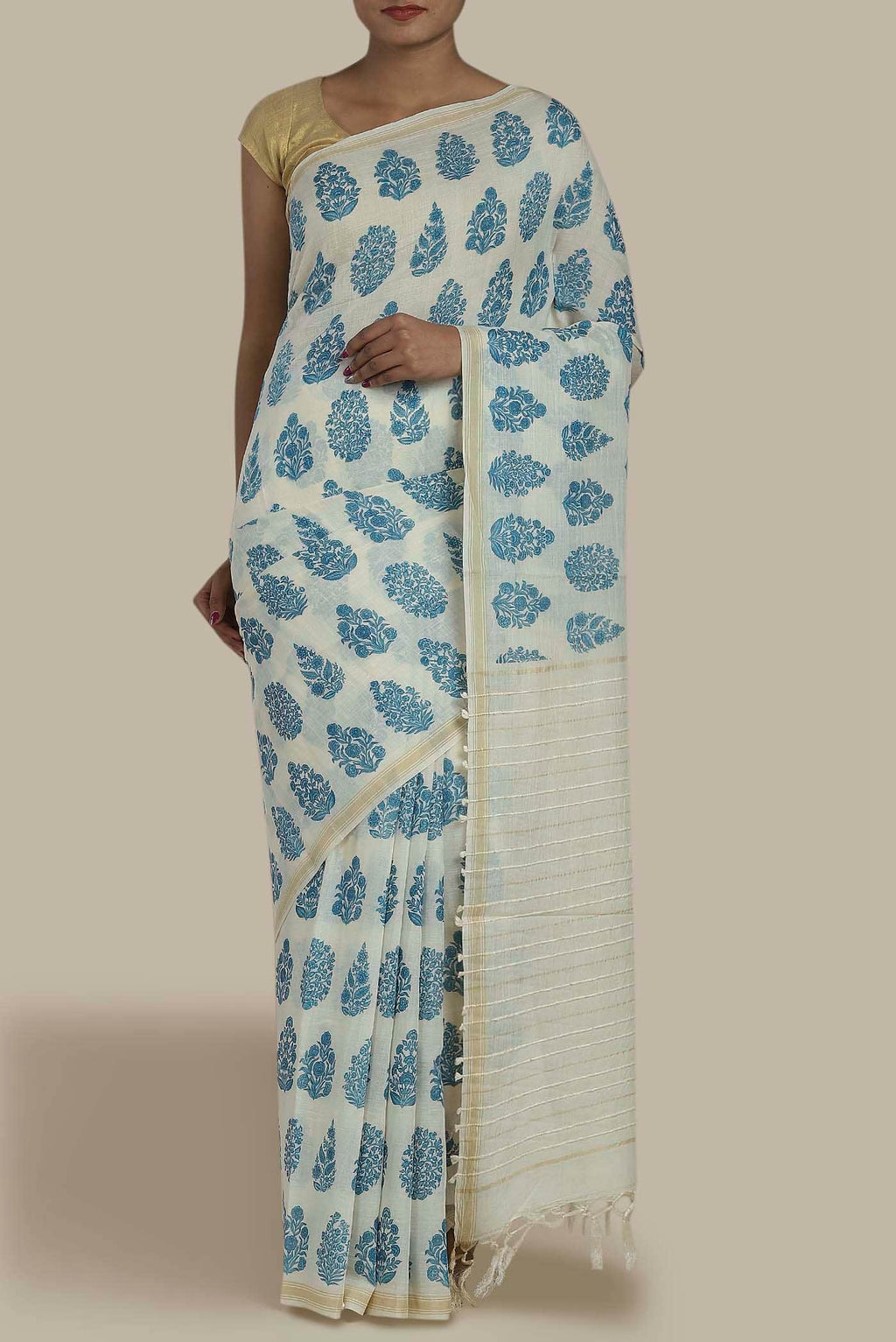Cream Tussar Silk Saree