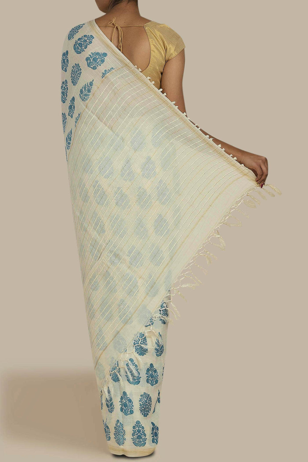 Cream Tussar Silk Saree