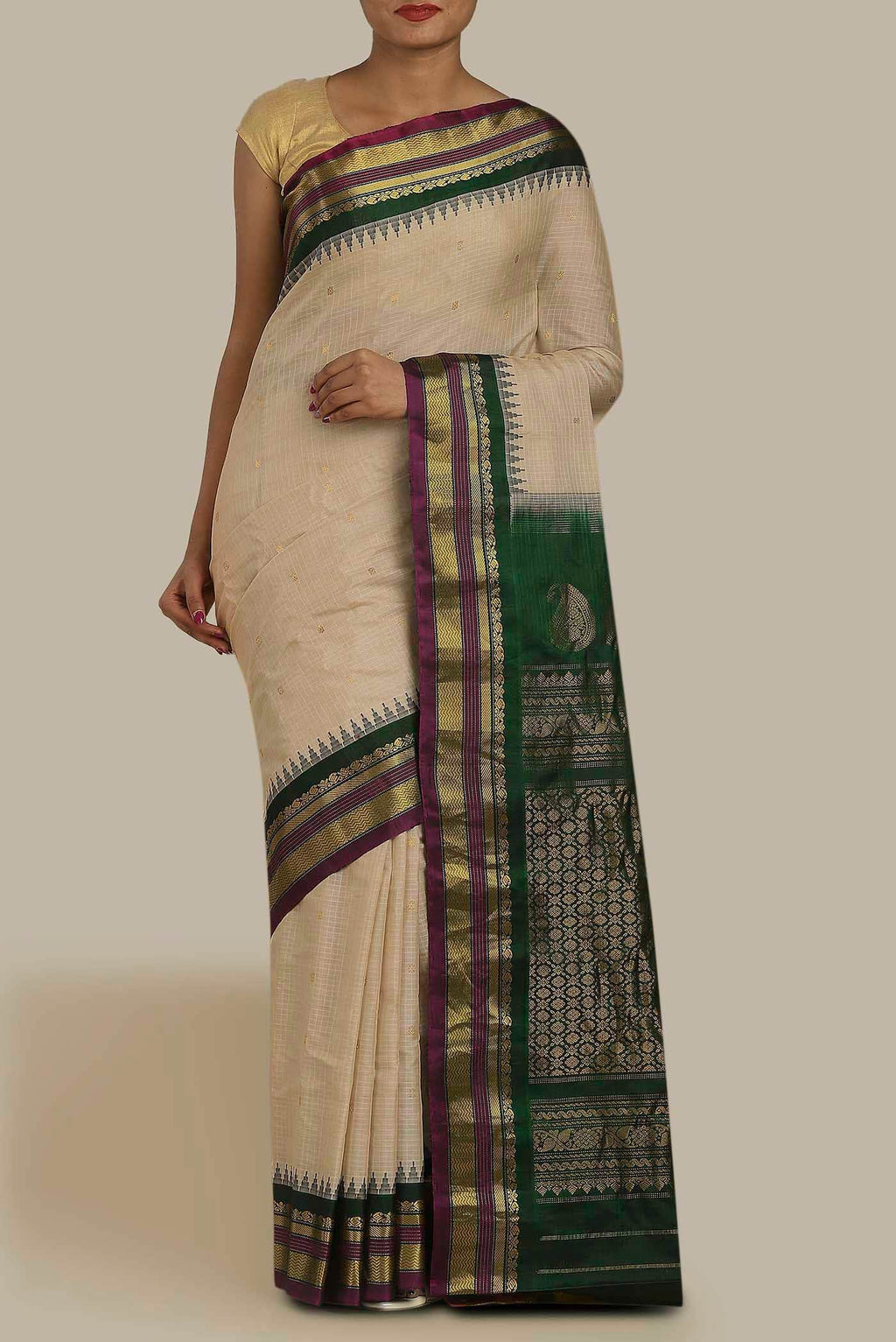 Cream Gadwal Silk Cotton Saree