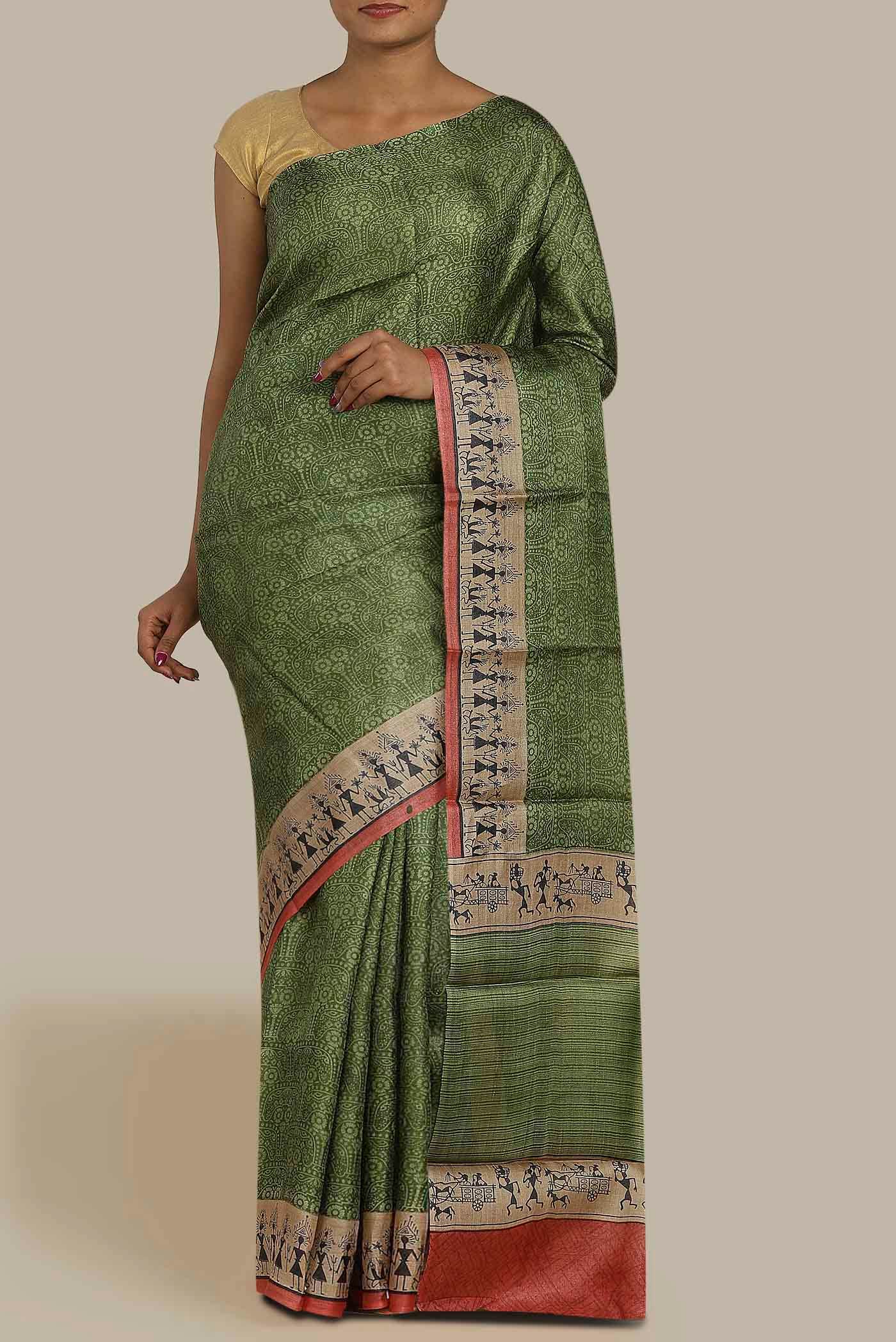 Green Bhagalpuri Tussar Silk Saree