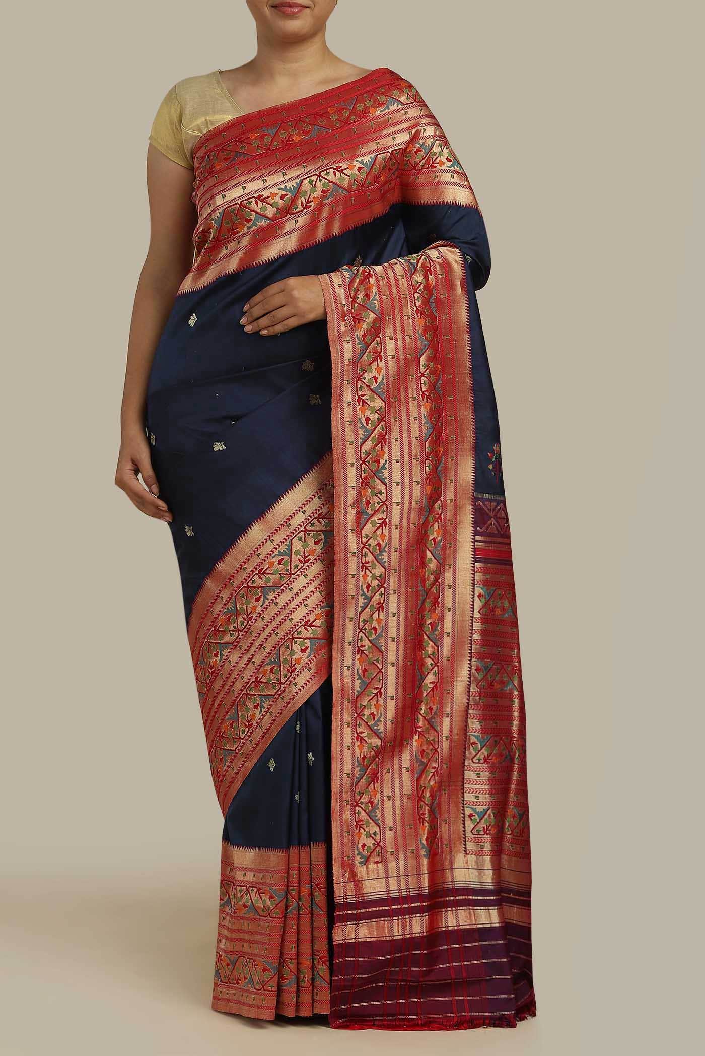 Pure Silk Pure Zari Navy Blue Paithani Saree