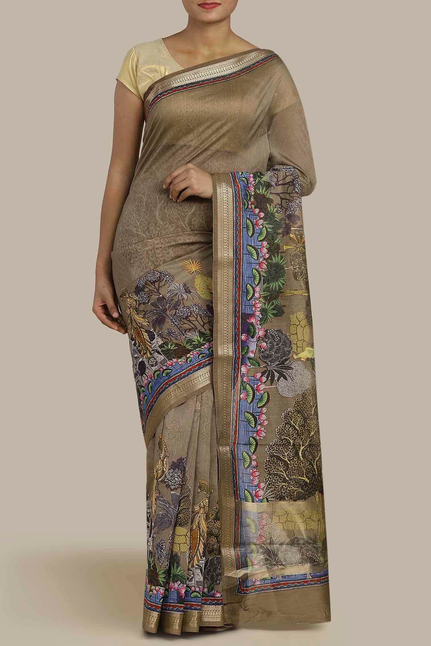 Dark Beige Chanderi Silk Cotton Saree