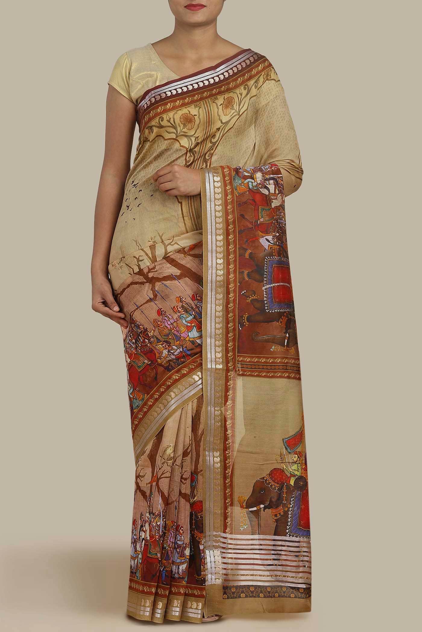 Beige Chanderi Silk Cotton Saree