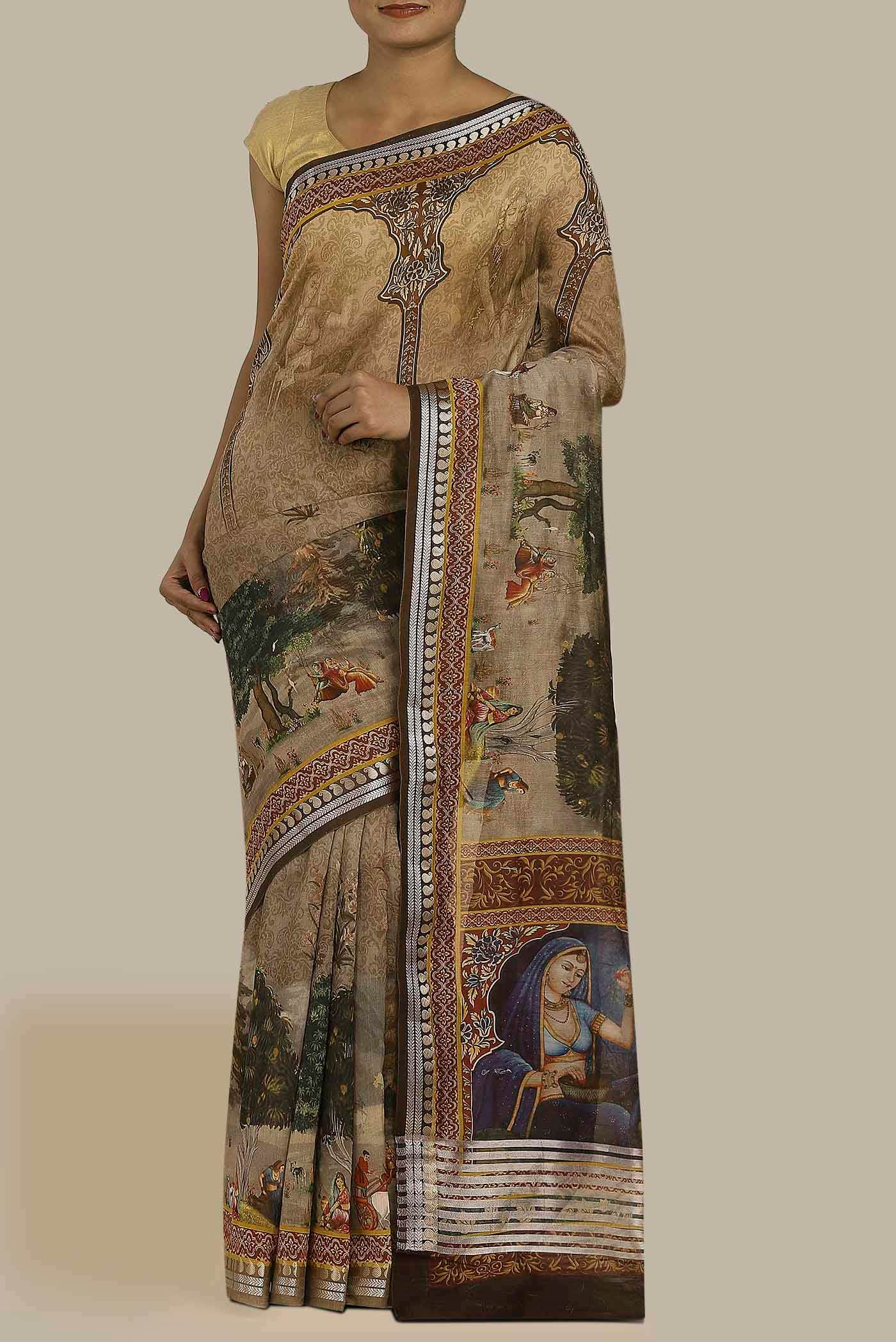 Beige Chanderi Silk Cotton Saree