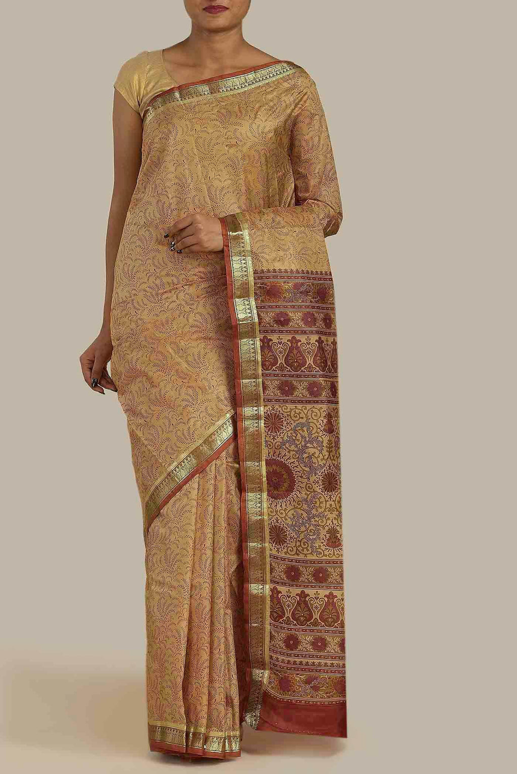 Beige Printed Silk Saree