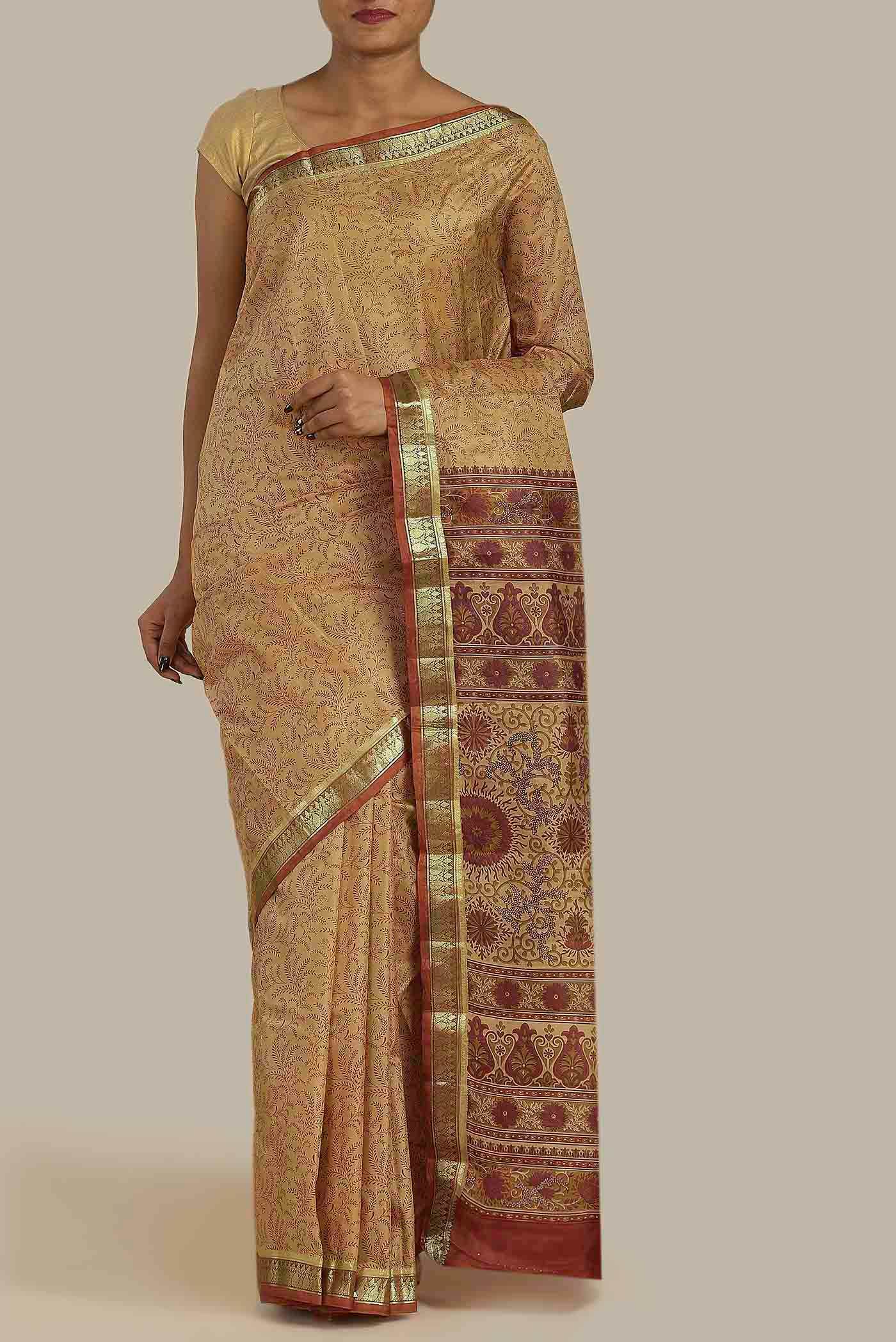 Beige Printed Silk Saree