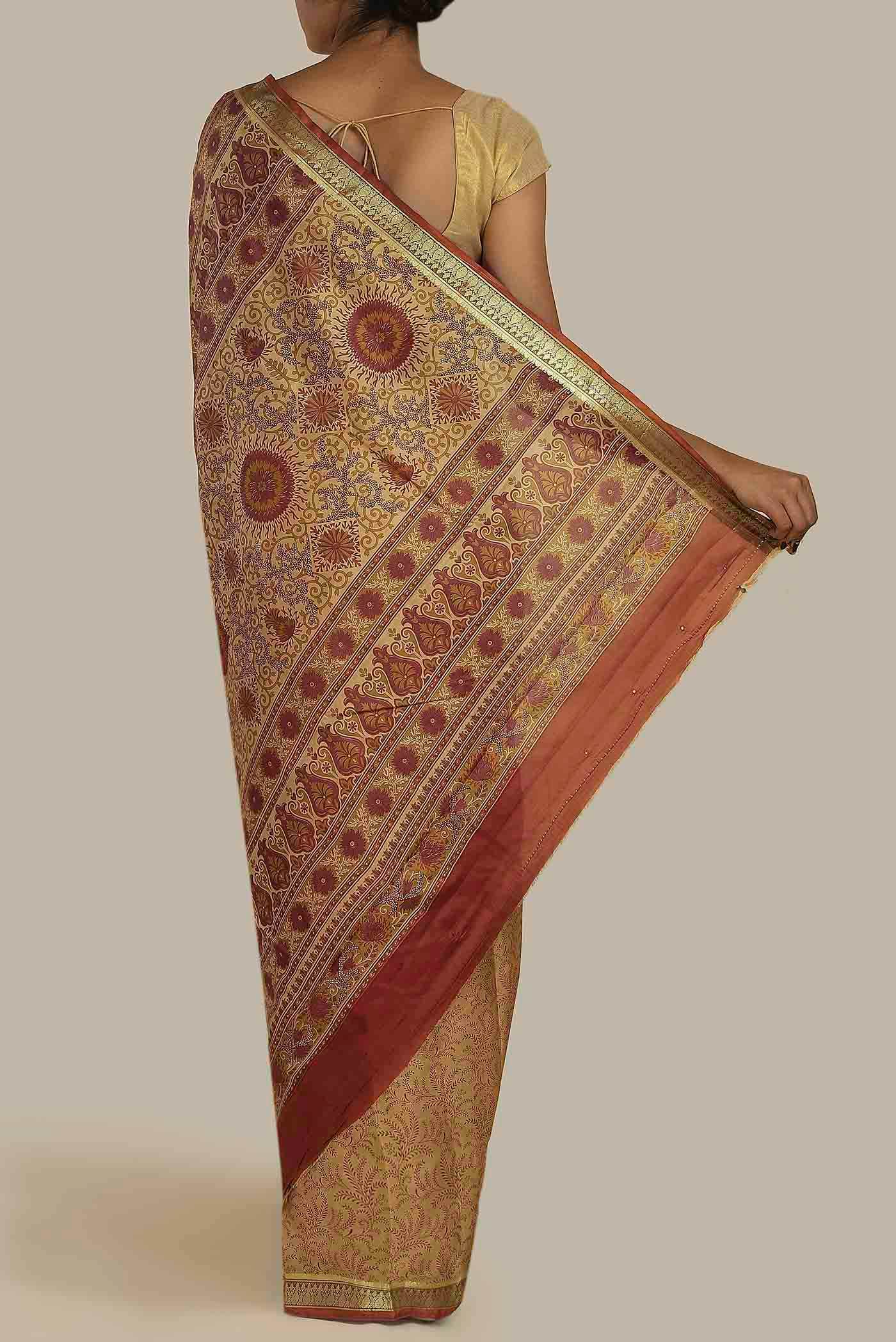 Beige Printed Silk Saree