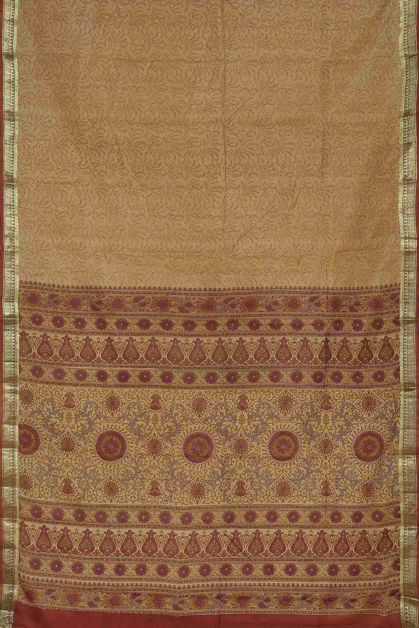 Beige Printed Silk Saree
