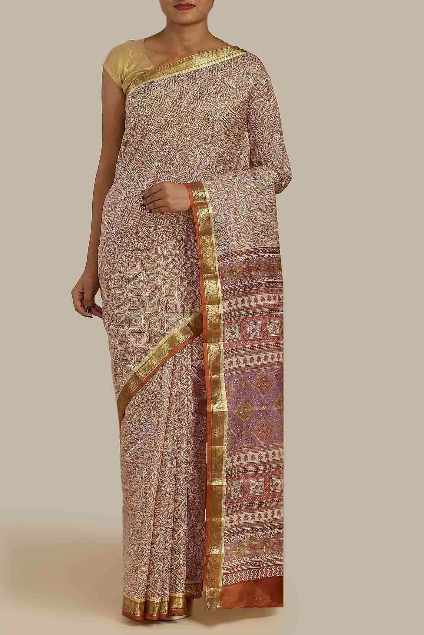 Beige Printed Silk Saree
