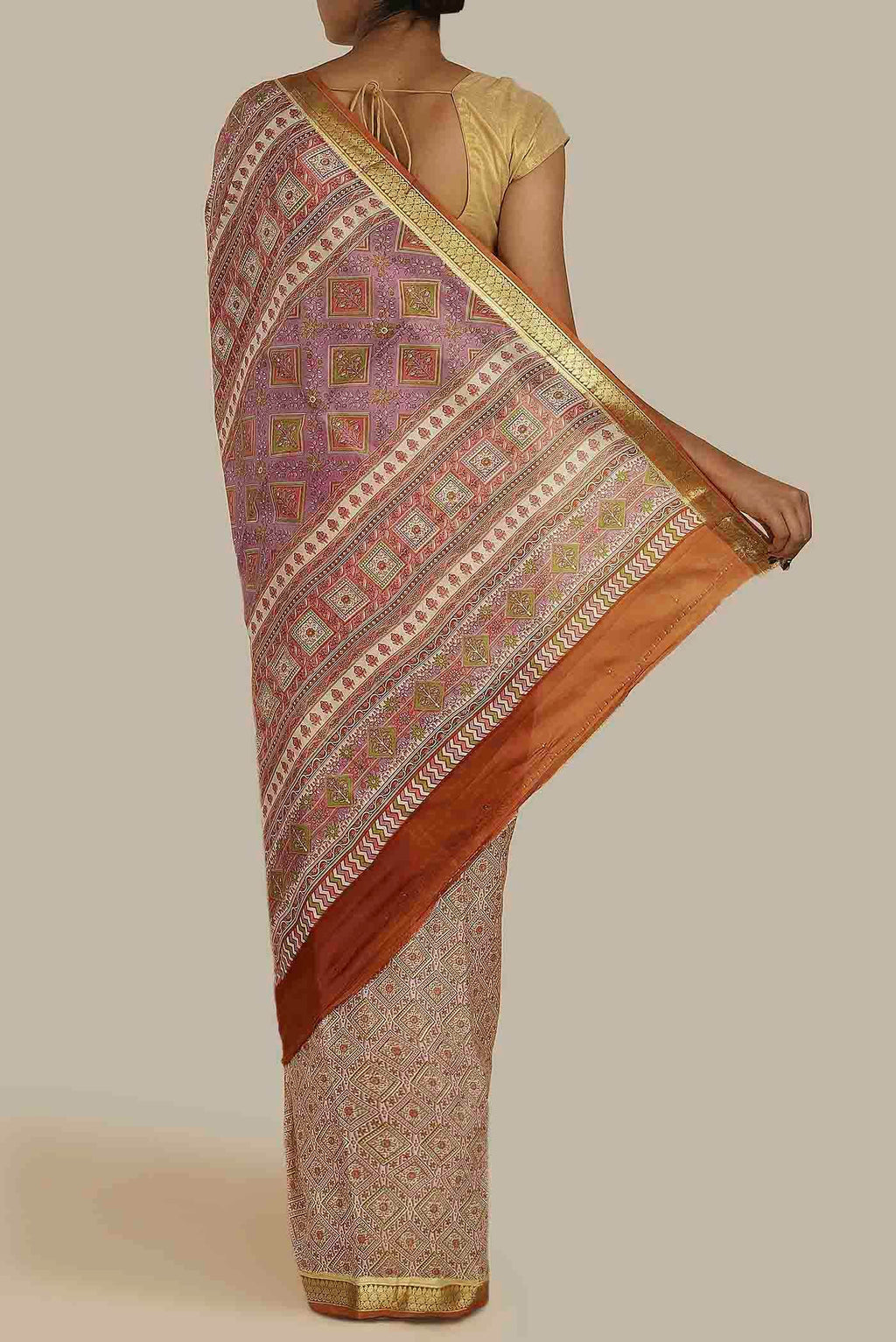 Beige Printed Silk Saree