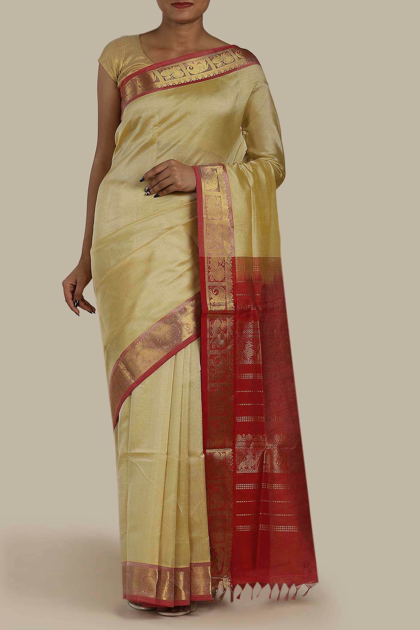Beige Silk Cotton Saree
