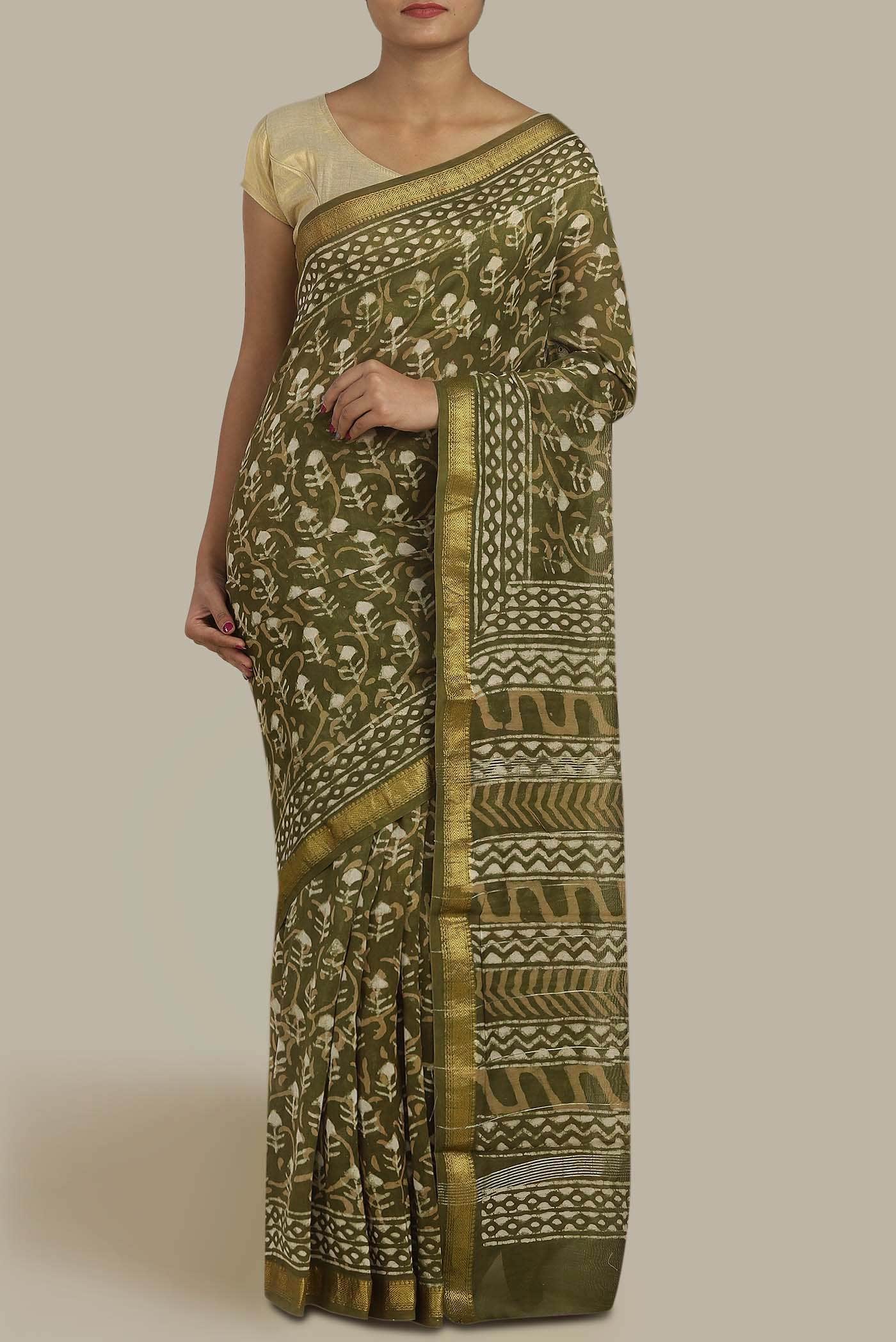 Mehandi Green Maheshwari Silk Cotton Saree