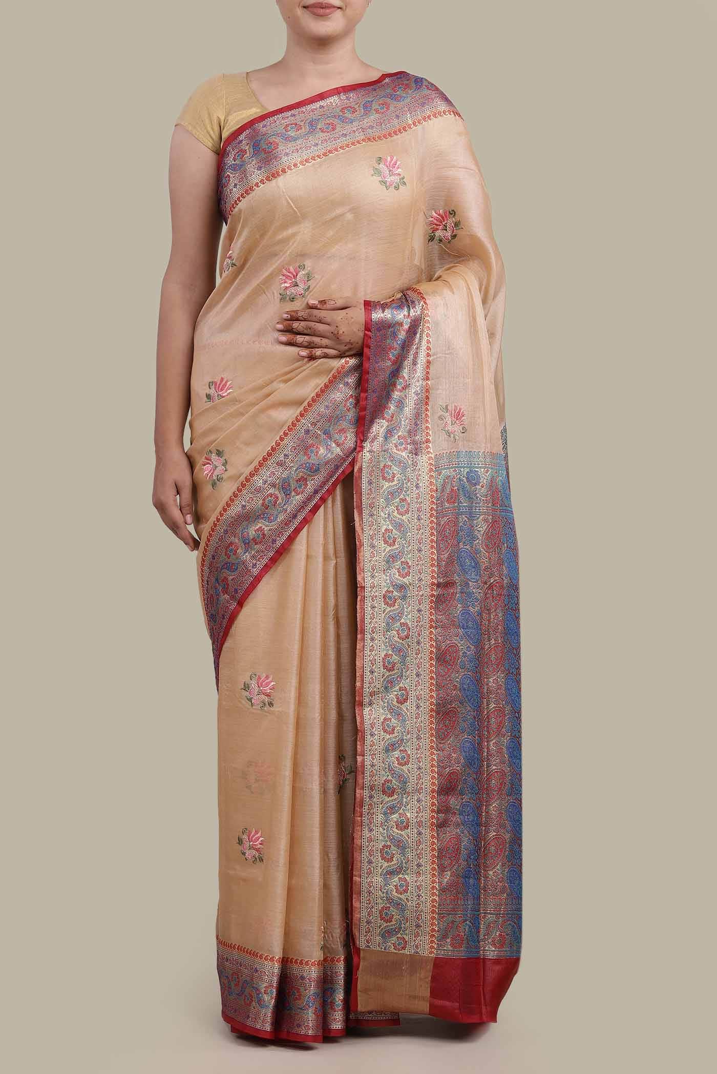Beige Tussar Silk Saree