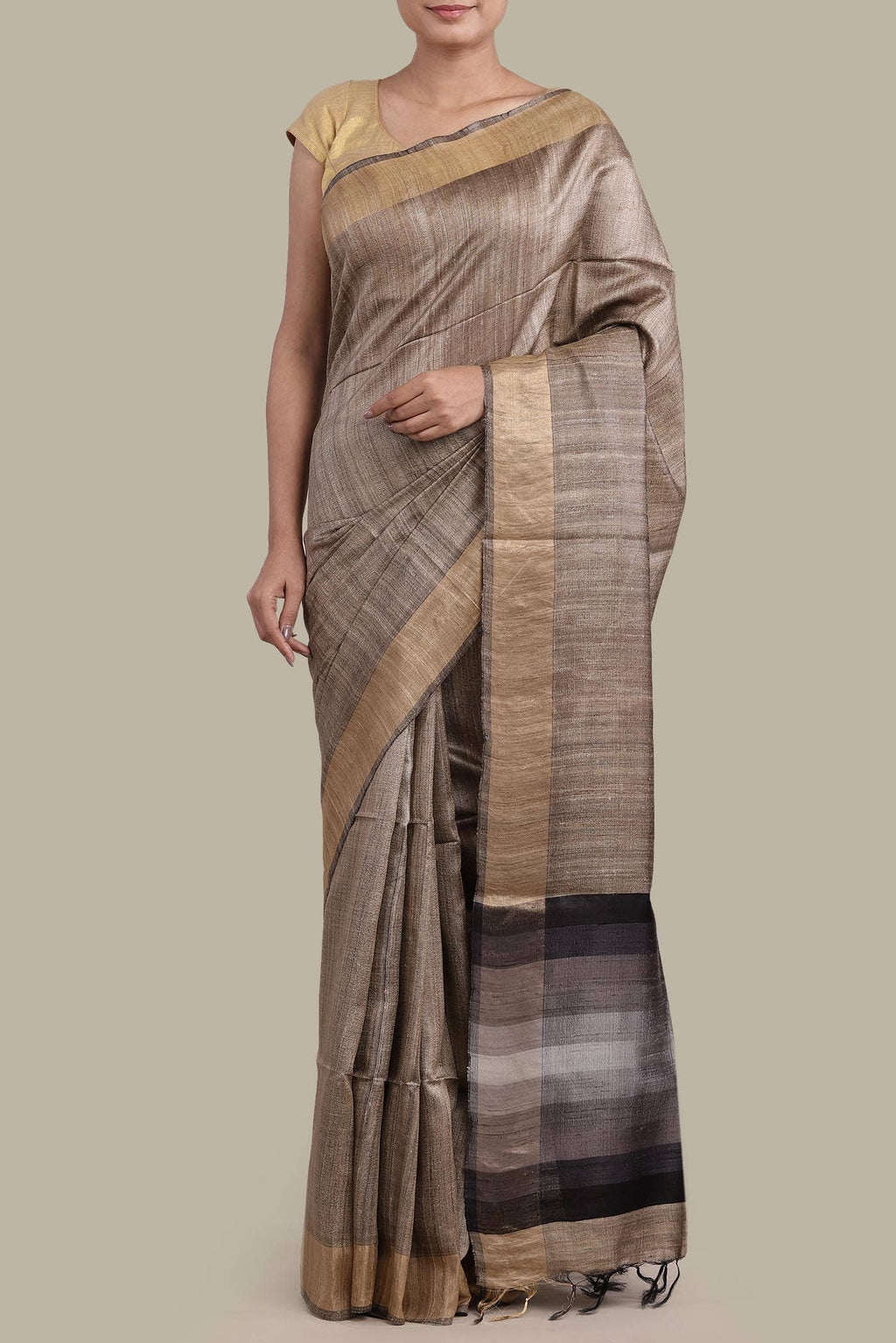Beige Bhagalpuri Tussar Silk Saree