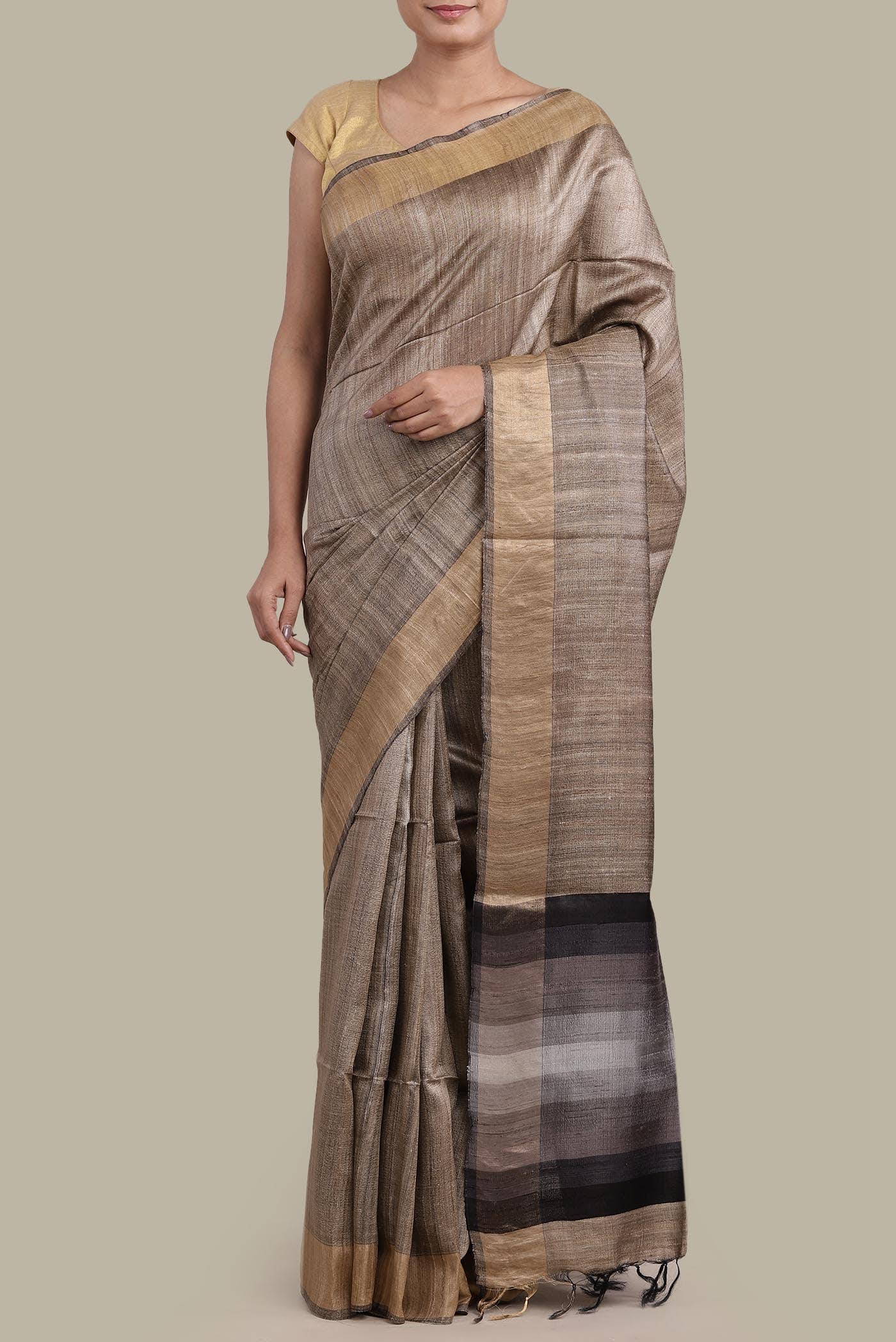 Beige Bhagalpuri Tussar Silk Saree