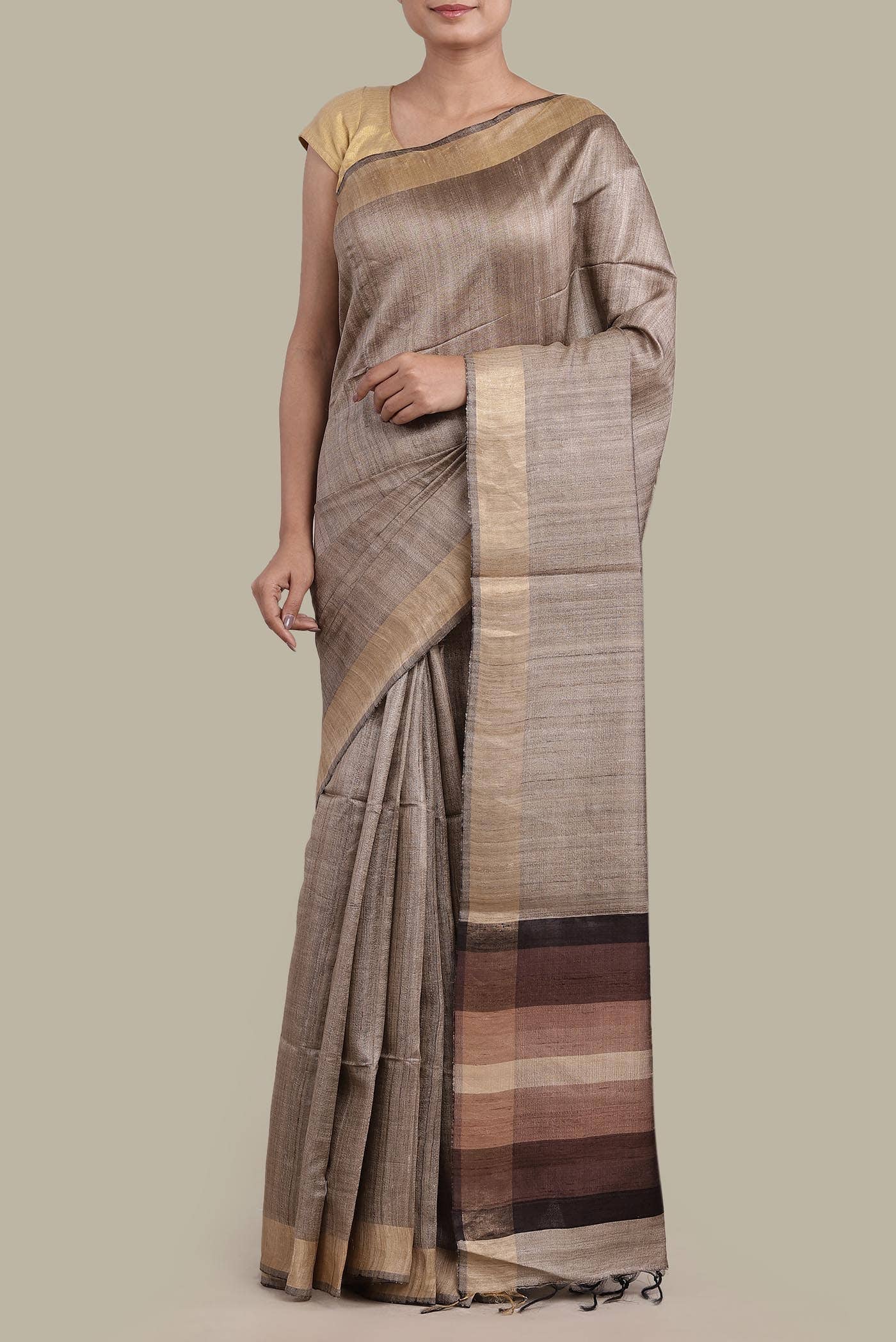 Beige Bhagalpuri Tussar Silk Saree
