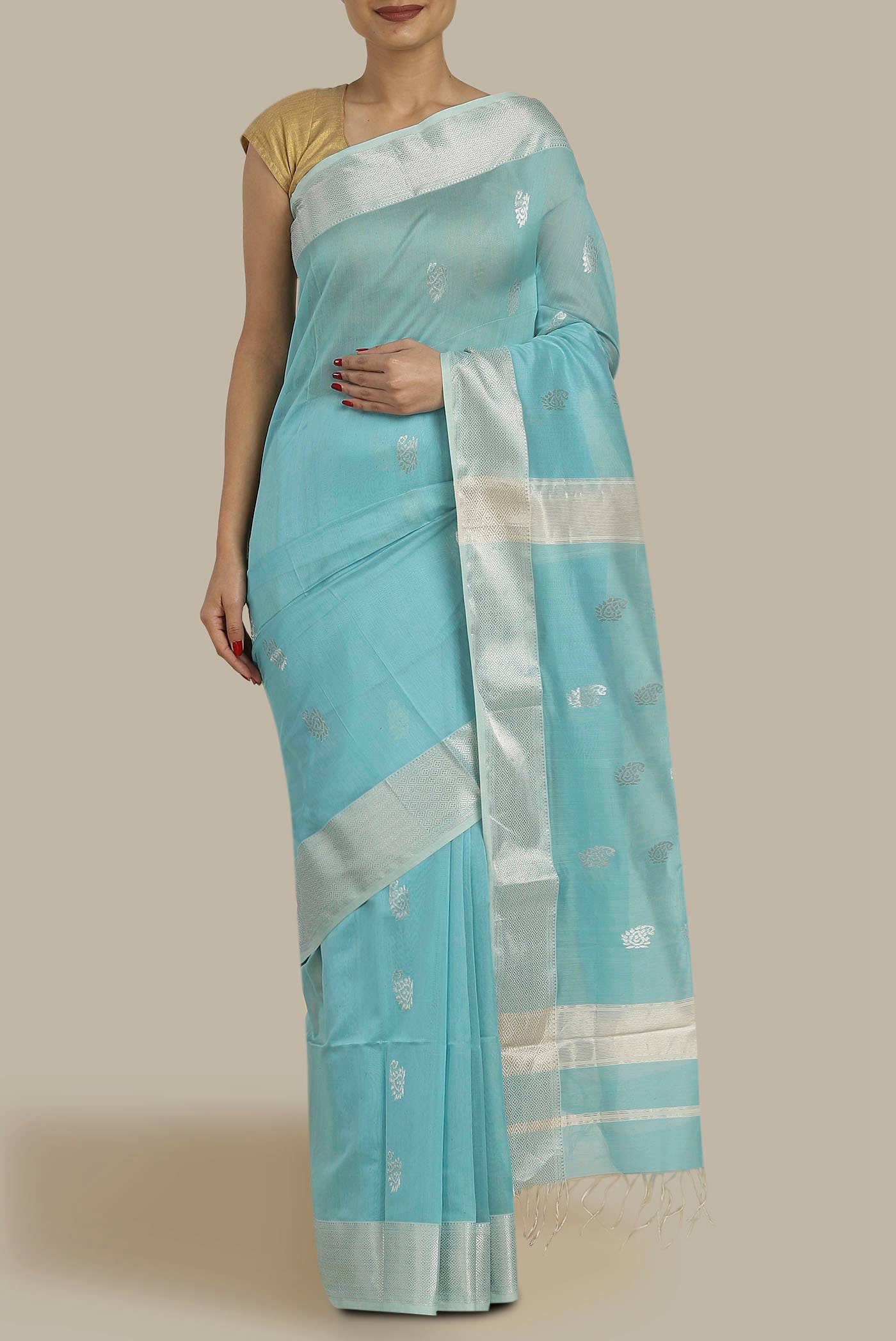 Sky Blue Maheshwari Silk Cotton Saree