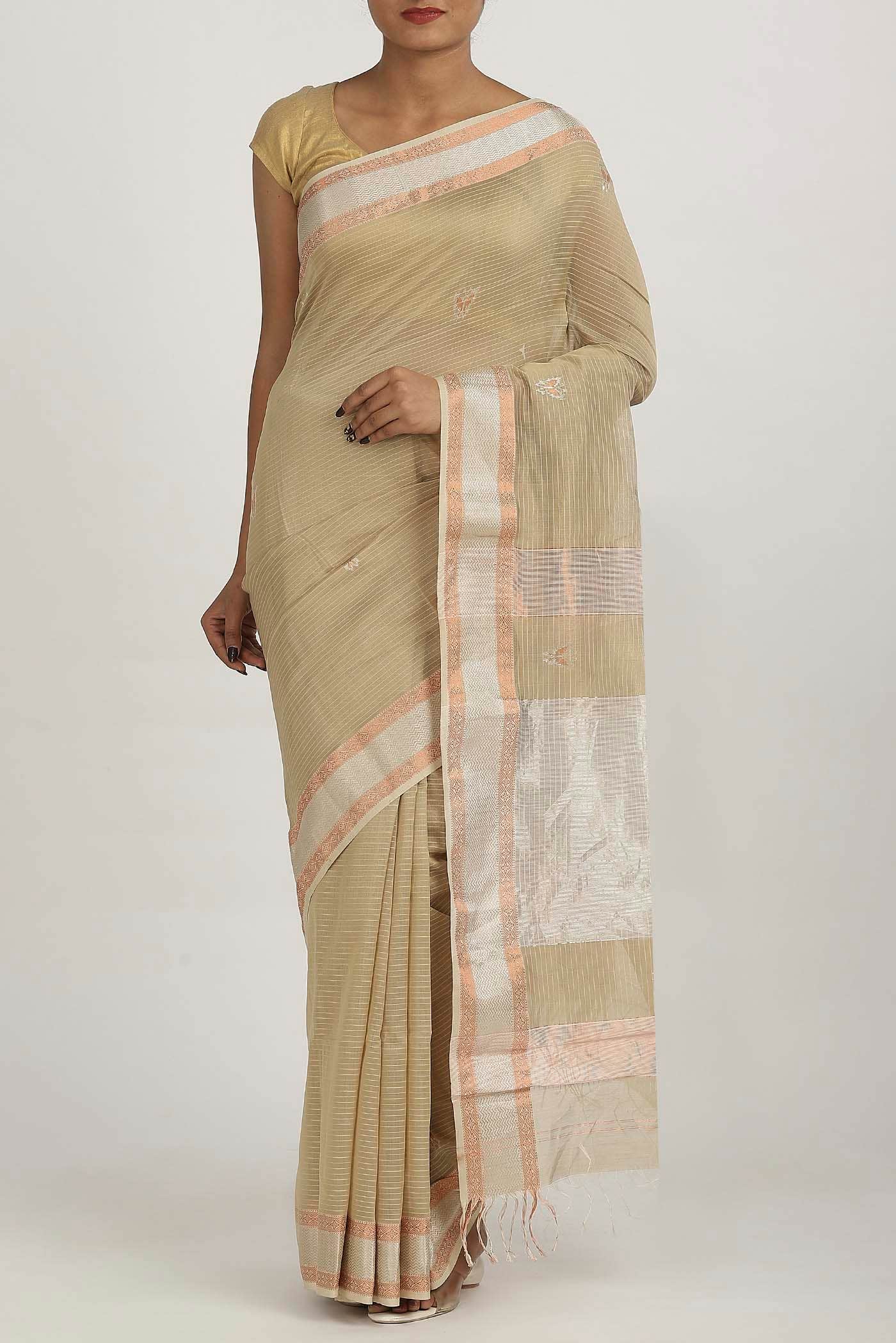Beige Maheshwari Silk Cotton Saree