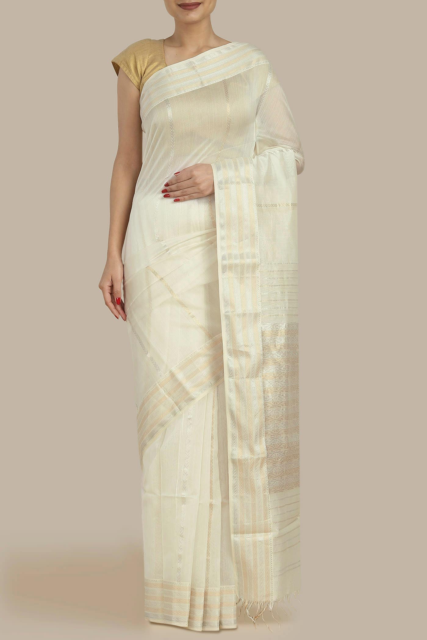 Cream Maheshwari Silk Cotton Saree