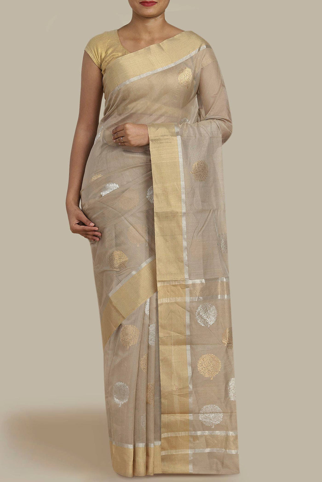Beige Chanderi Silk Cotton Saree