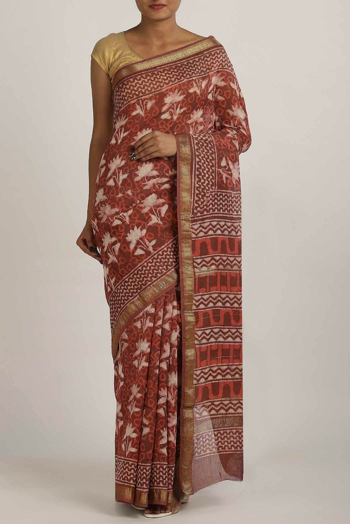 Rust Maheshwari Silk Cotton Saree