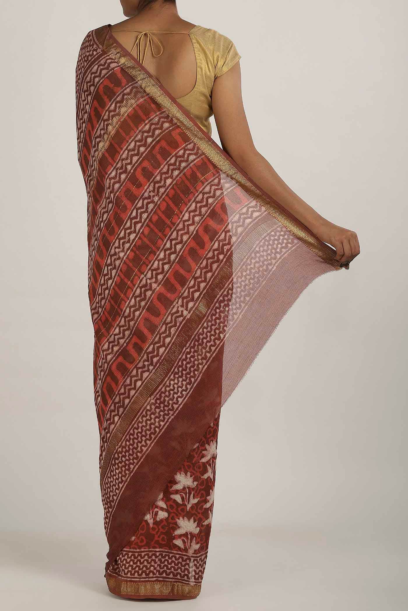 Rust Maheshwari Silk Cotton Saree