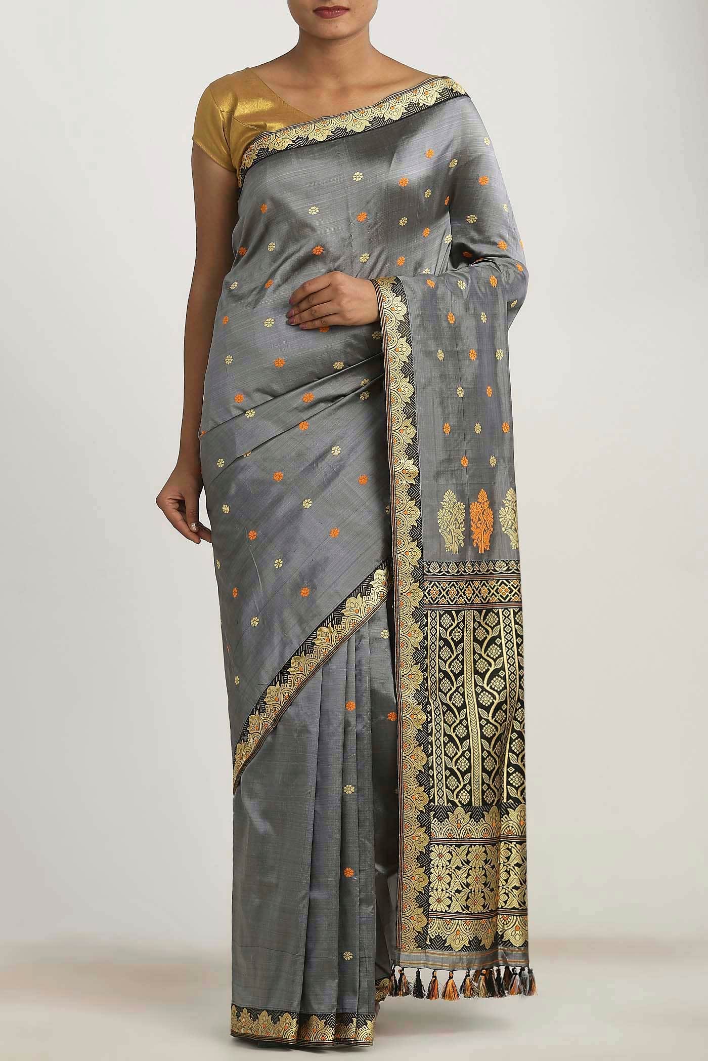Grey Assam Silk Saree