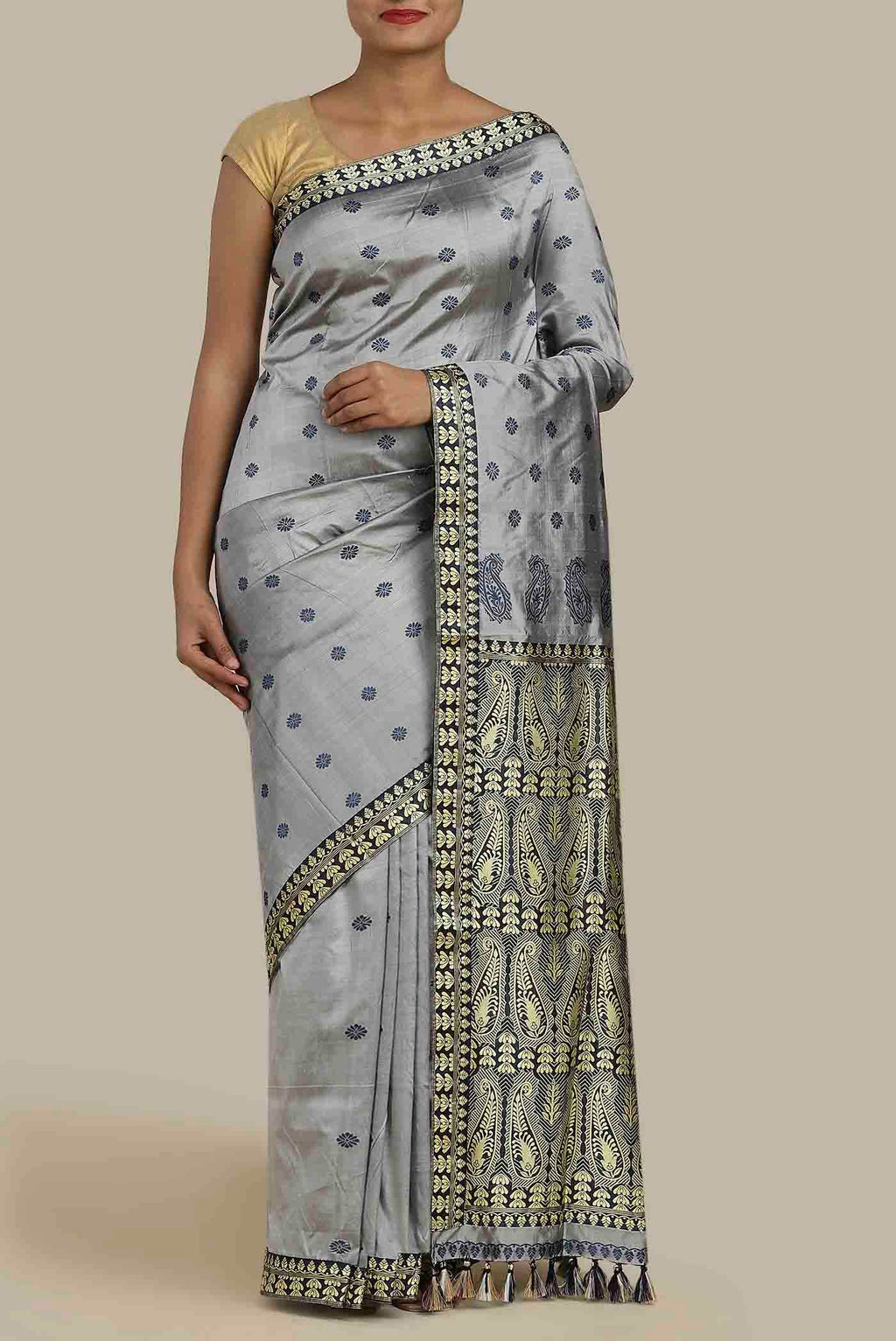 Grey Assam Silk Saree