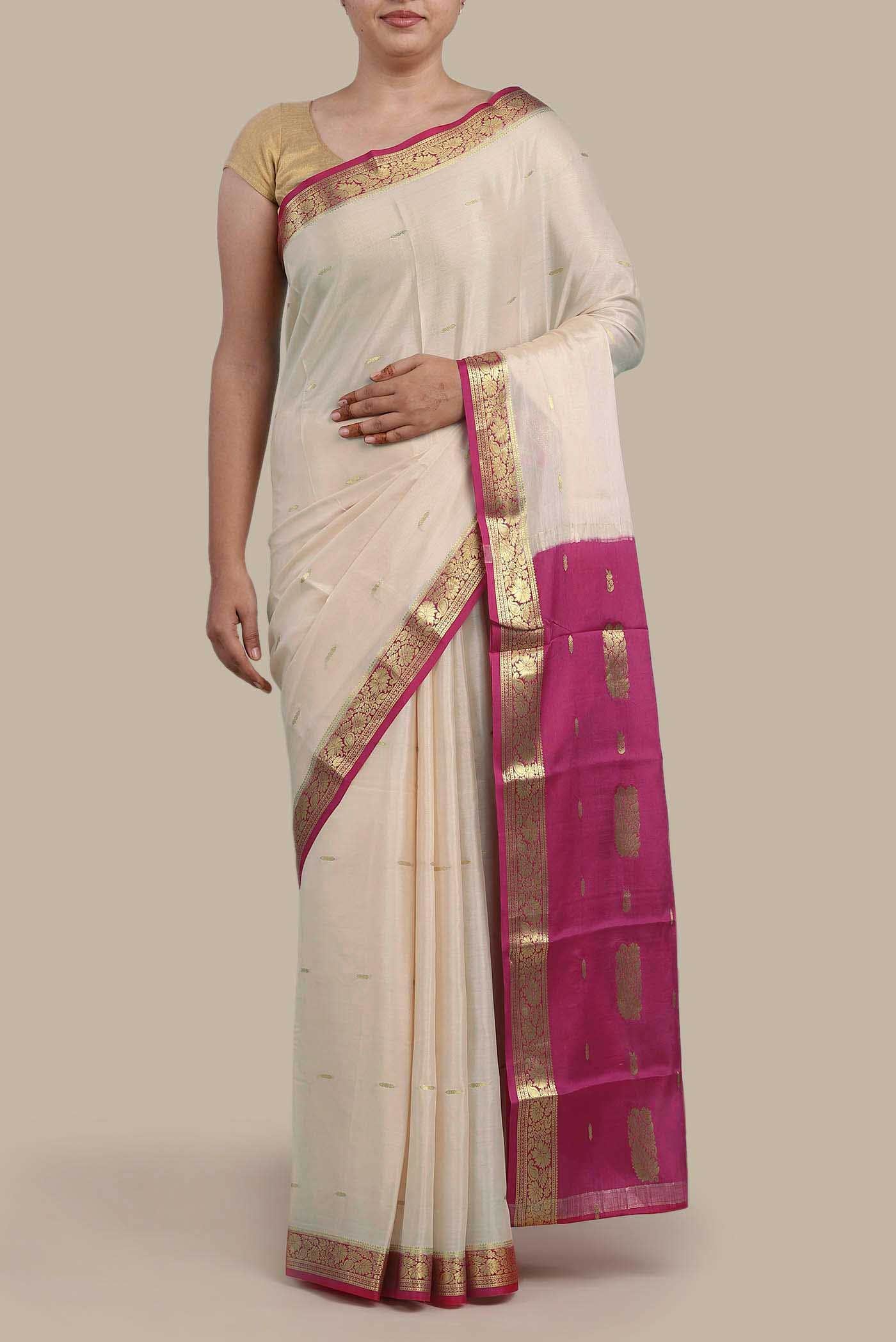 Cream Mysore Crepe Saree