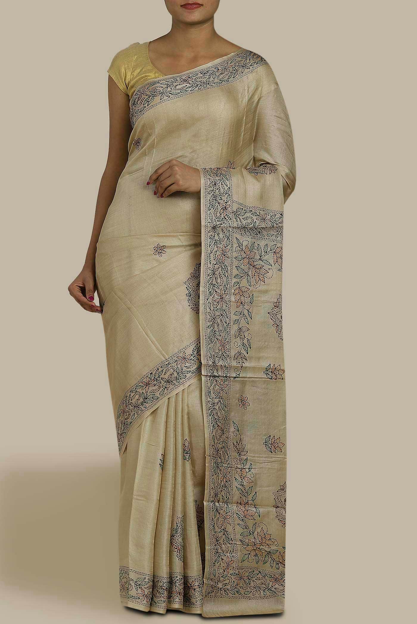 Beige Tussar Silk Saree