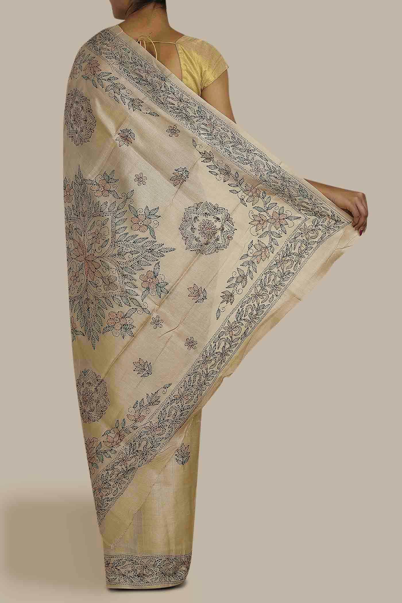 Beige Tussar Silk Saree